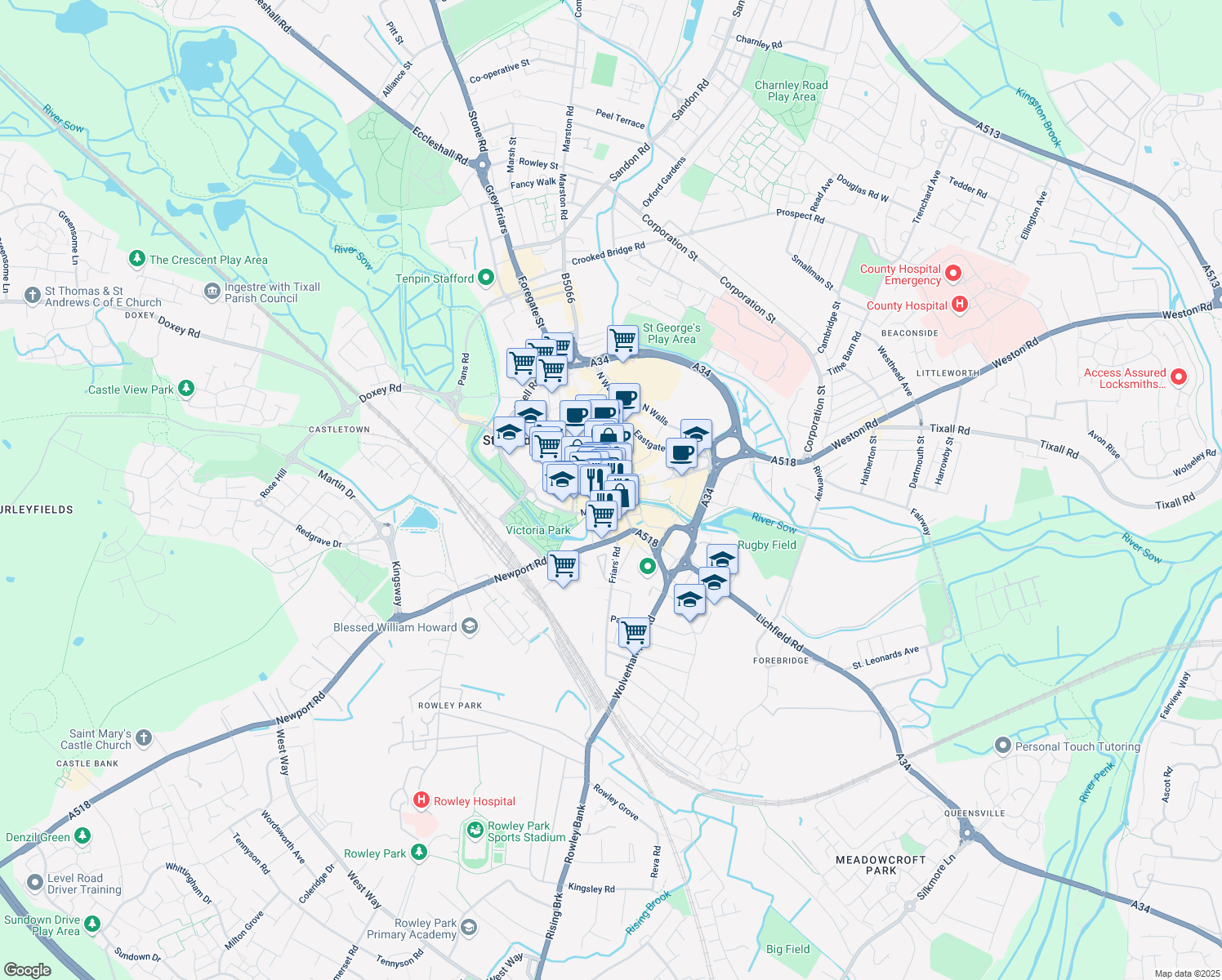 map of restaurants, bars, coffee shops, grocery stores, and more near in Staffordshire