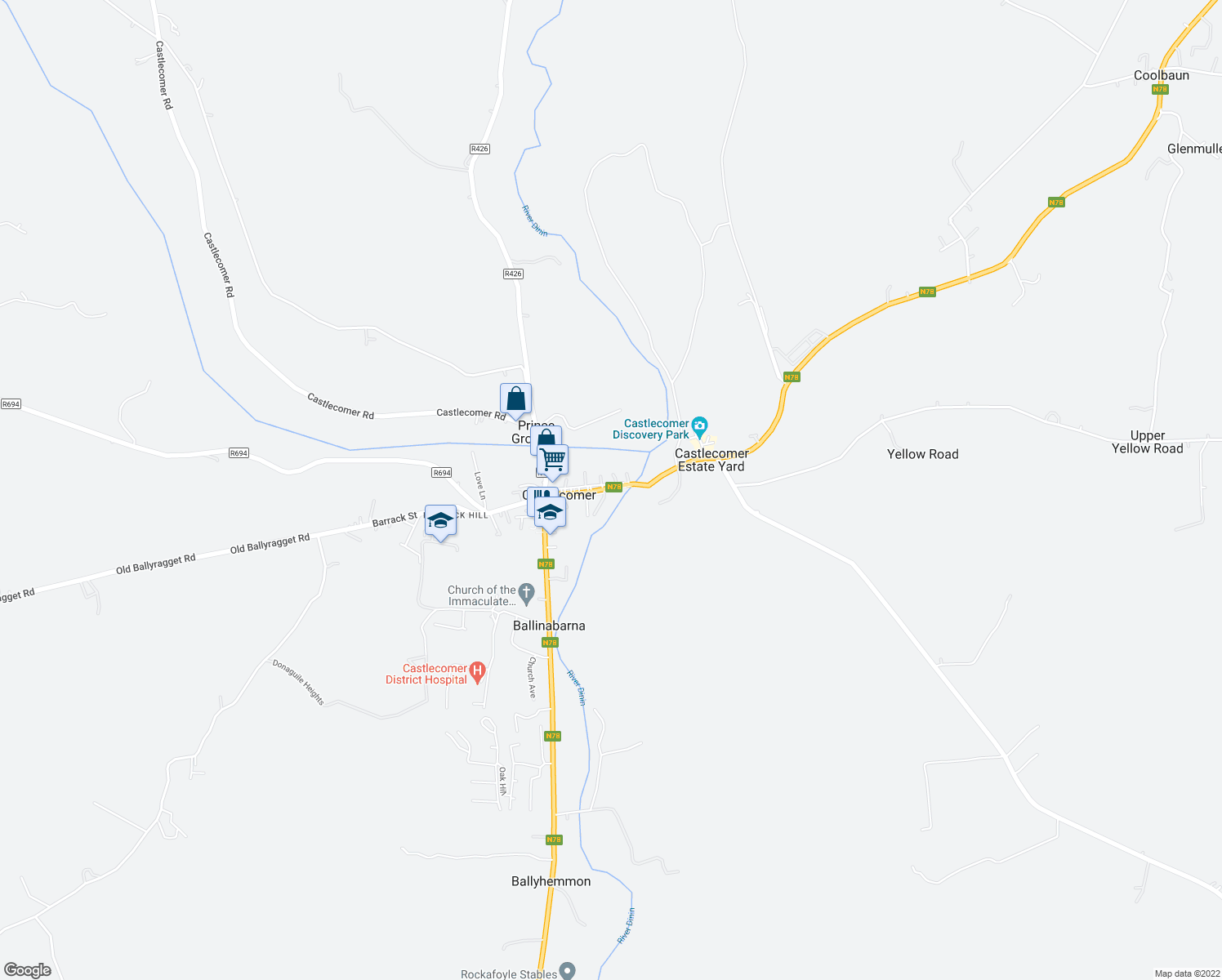 map of restaurants, bars, coffee shops, grocery stores, and more near The Square in Castlecomer