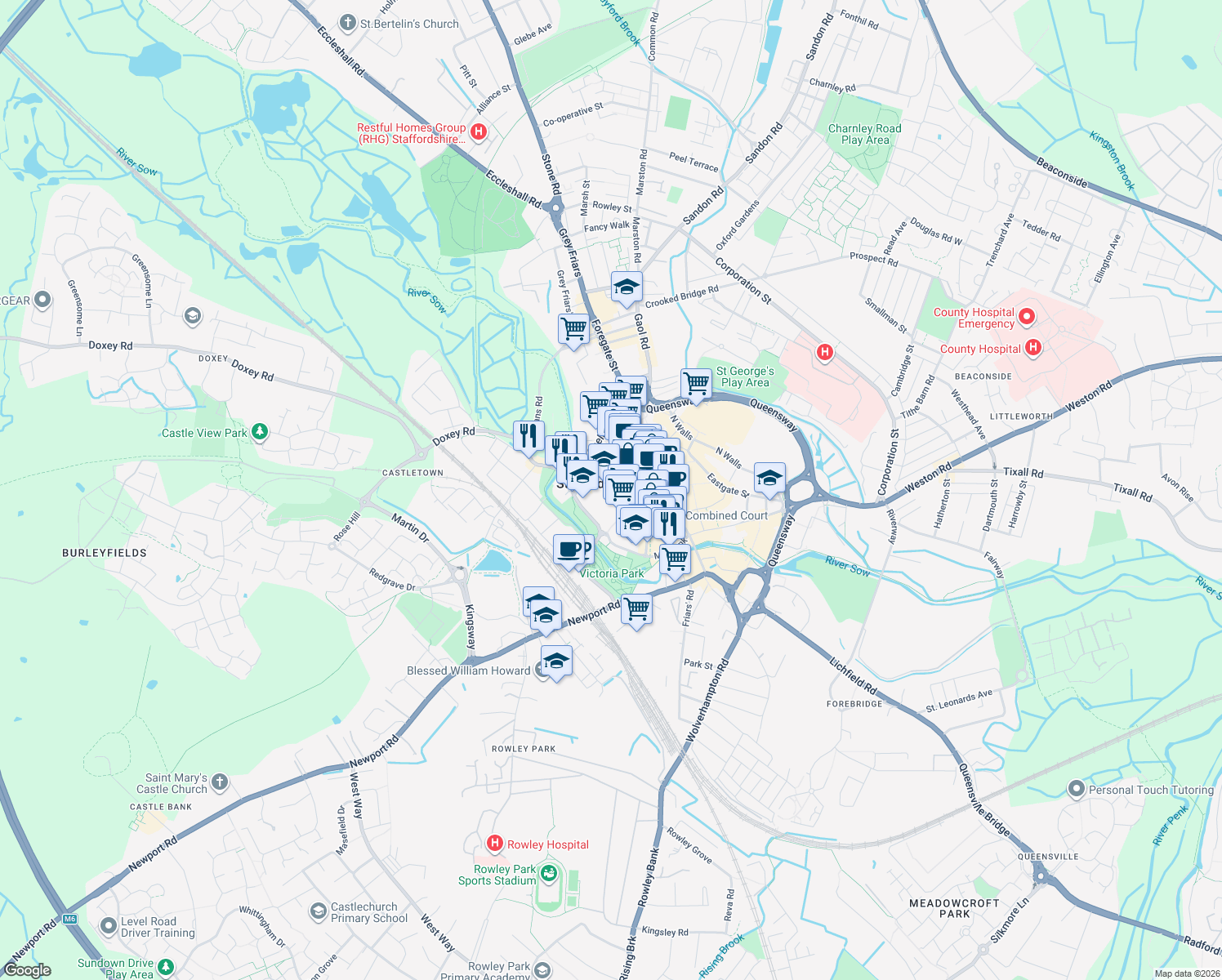 map of restaurants, bars, coffee shops, grocery stores, and more near in Staffordshire