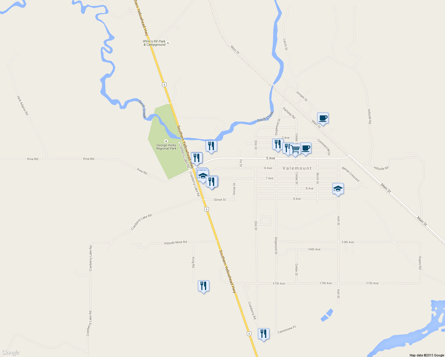 map of restaurants, bars, coffee shops, grocery stores, and more near 1460 7 Avenue in Valemount