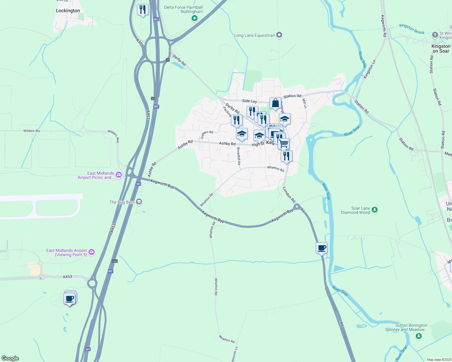 map of restaurants, bars, coffee shops, grocery stores, and more near Whatton Road in Kegworth
