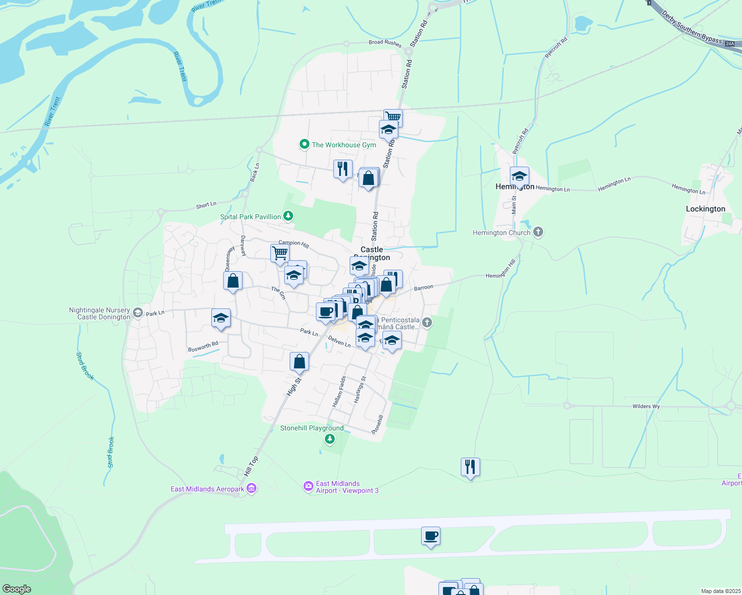 map of restaurants, bars, coffee shops, grocery stores, and more near Borough Street in Castle Donington