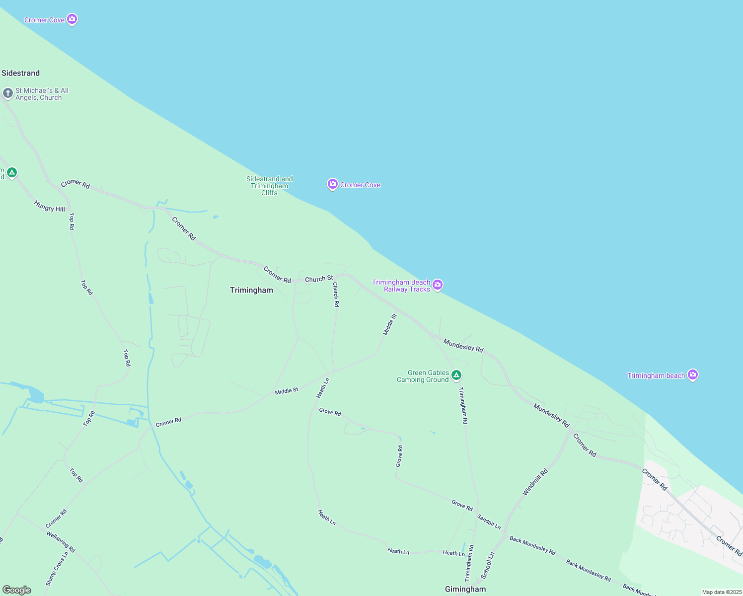 map of restaurants, bars, coffee shops, grocery stores, and more near Mundesley Road in Trimingham