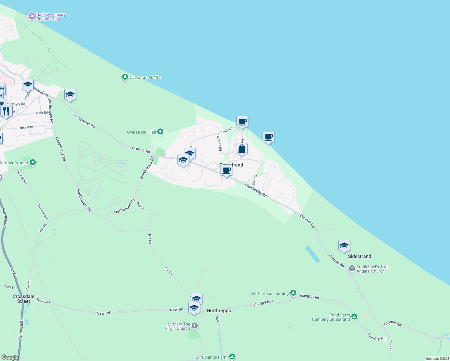 map of restaurants, bars, coffee shops, grocery stores, and more near Mundesley Road in Overstrand