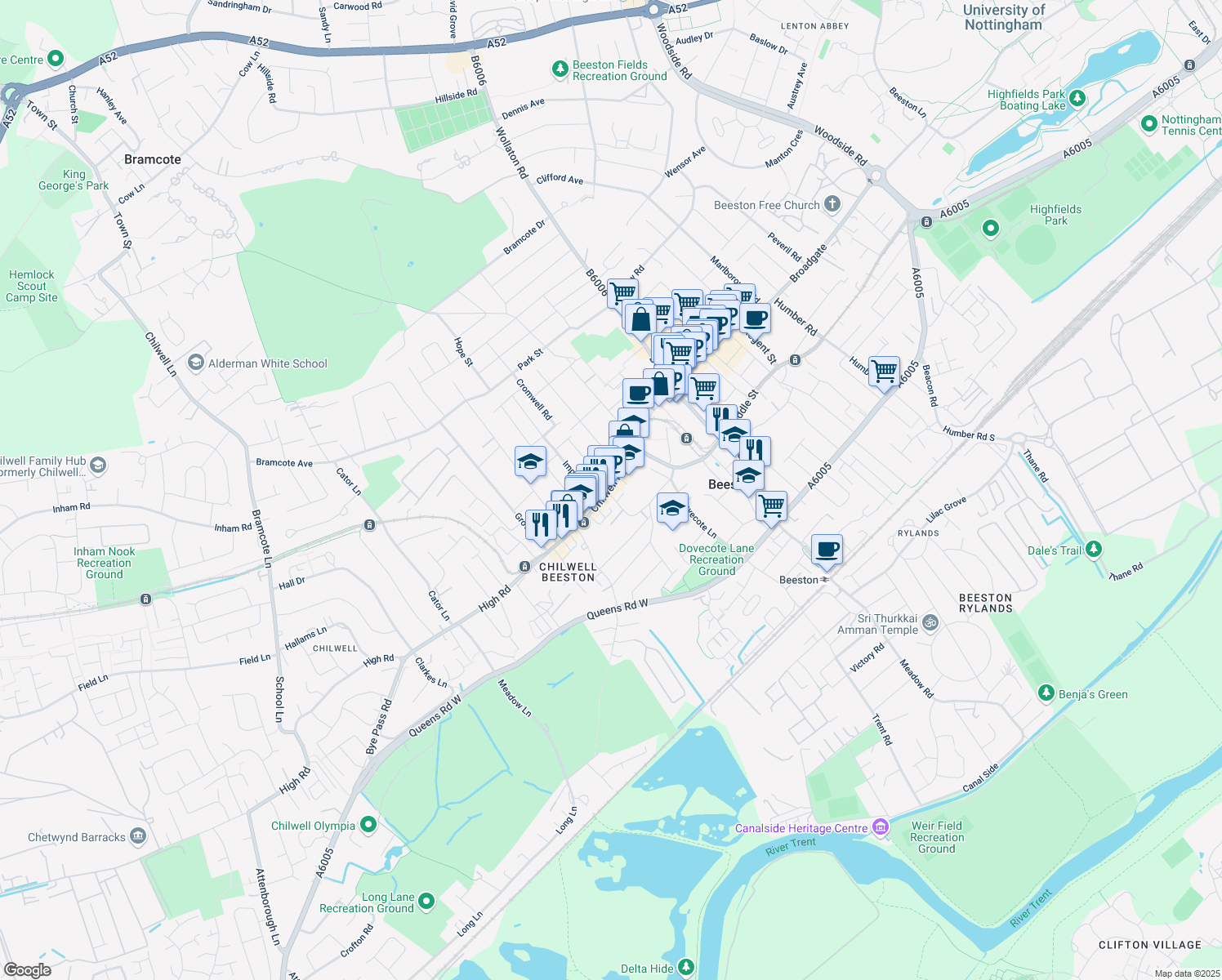 map of restaurants, bars, coffee shops, grocery stores, and more near in Beeston