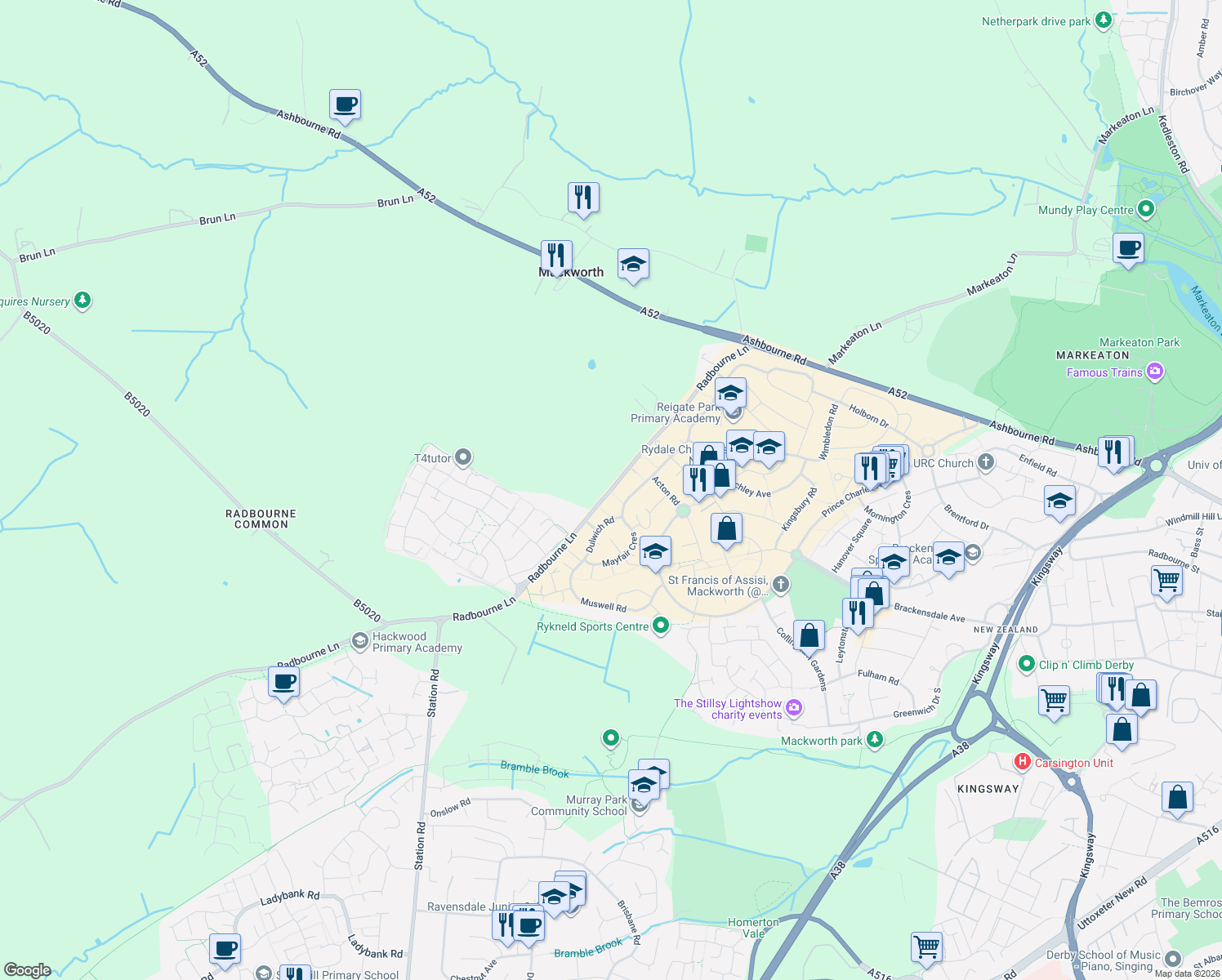 map of restaurants, bars, coffee shops, grocery stores, and more near Radbourne Lane in Derby