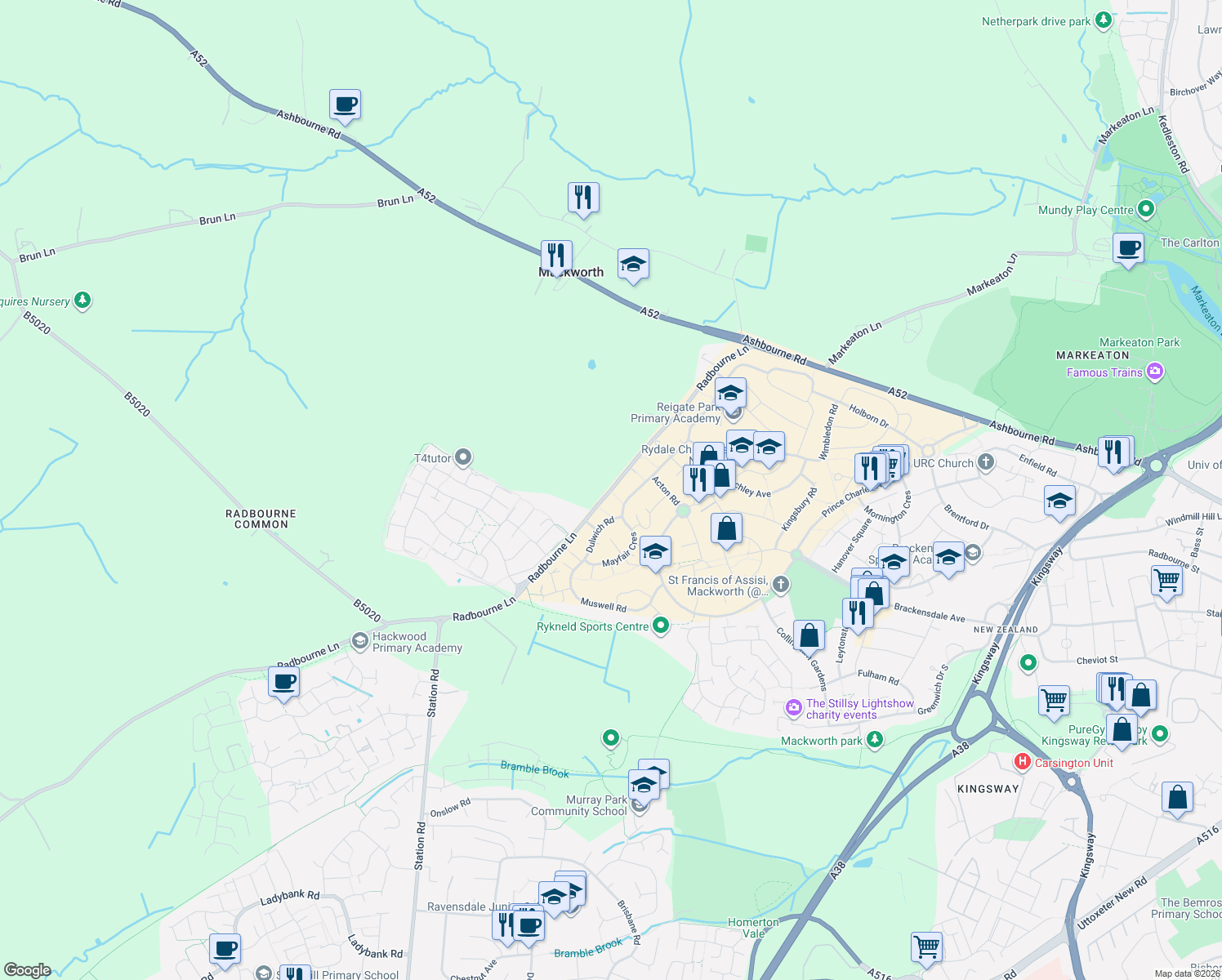 map of restaurants, bars, coffee shops, grocery stores, and more near Radbourne Lane in Derby