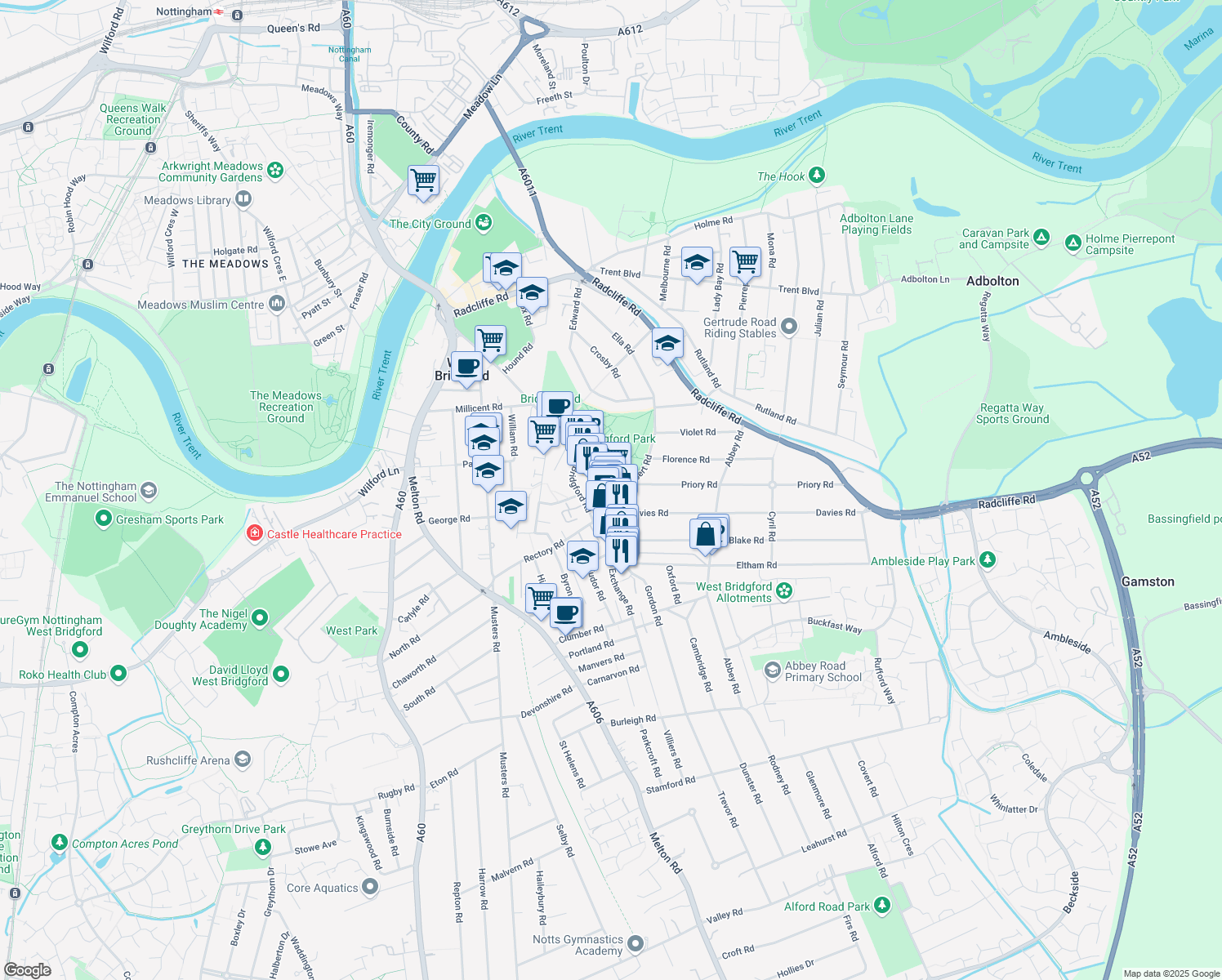 map of restaurants, bars, coffee shops, grocery stores, and more near 25 Central Avenue in West Bridgford