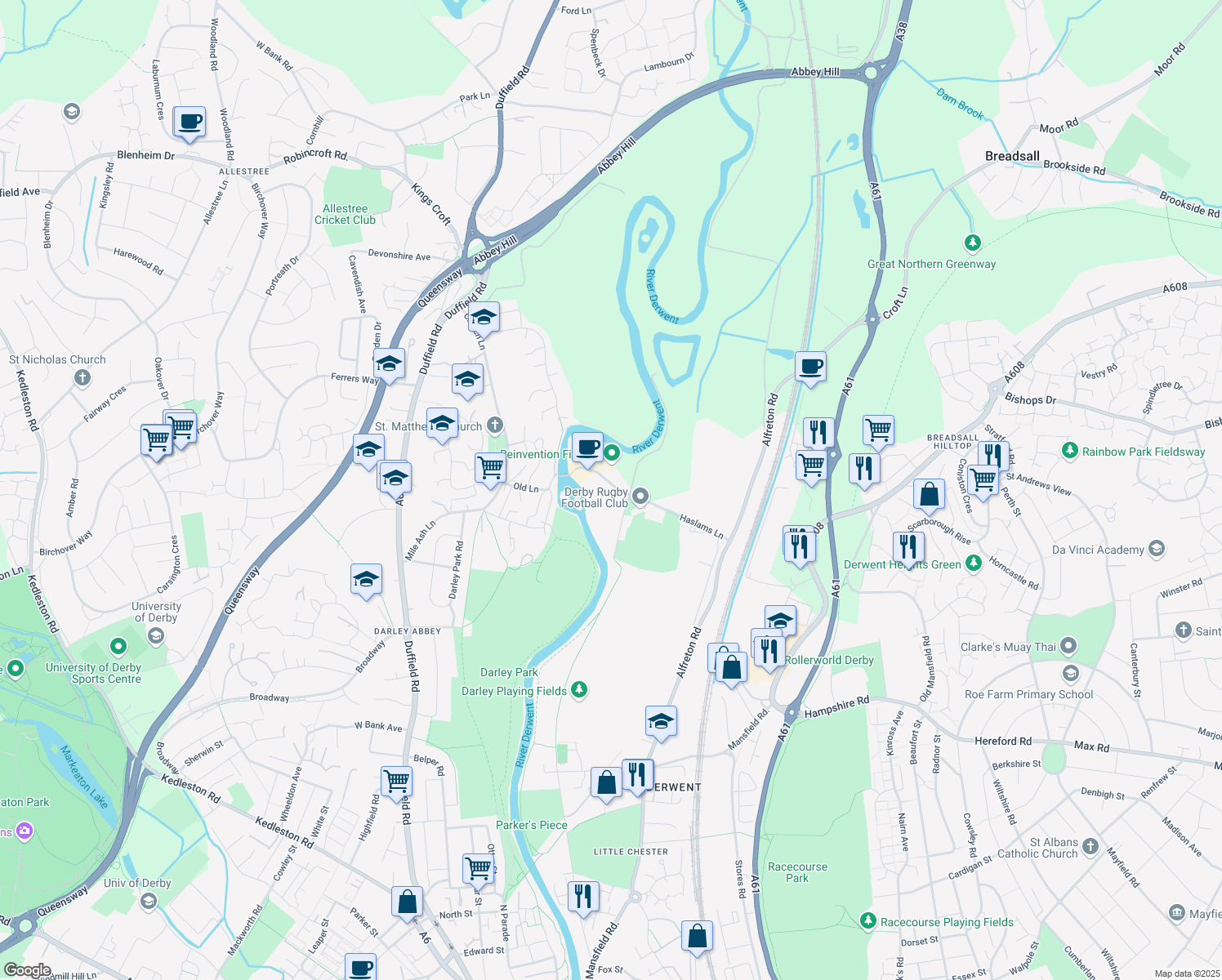 map of restaurants, bars, coffee shops, grocery stores, and more near 6 Haslams Lane in Derby