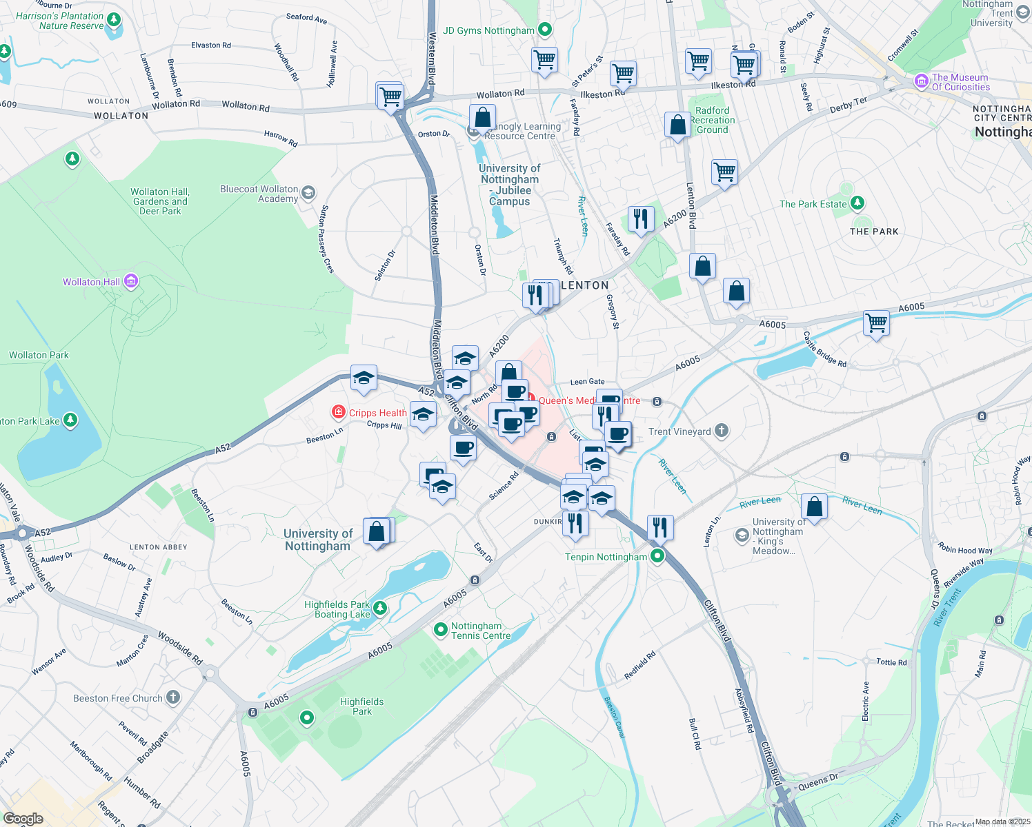 map of restaurants, bars, coffee shops, grocery stores, and more near Derby Road in Nottinghamshire