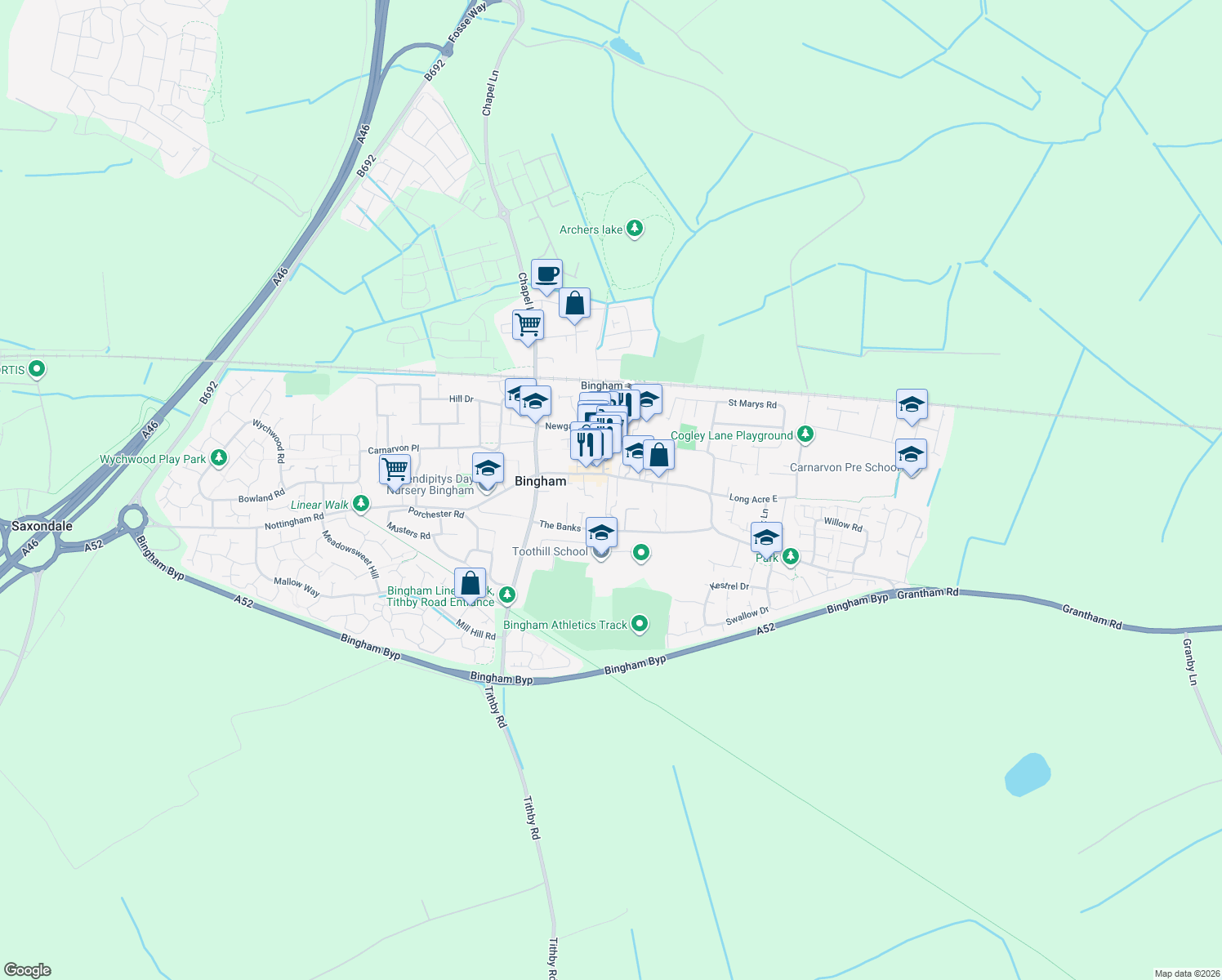 map of restaurants, bars, coffee shops, grocery stores, and more near 5 Fisher Lane in Bingham