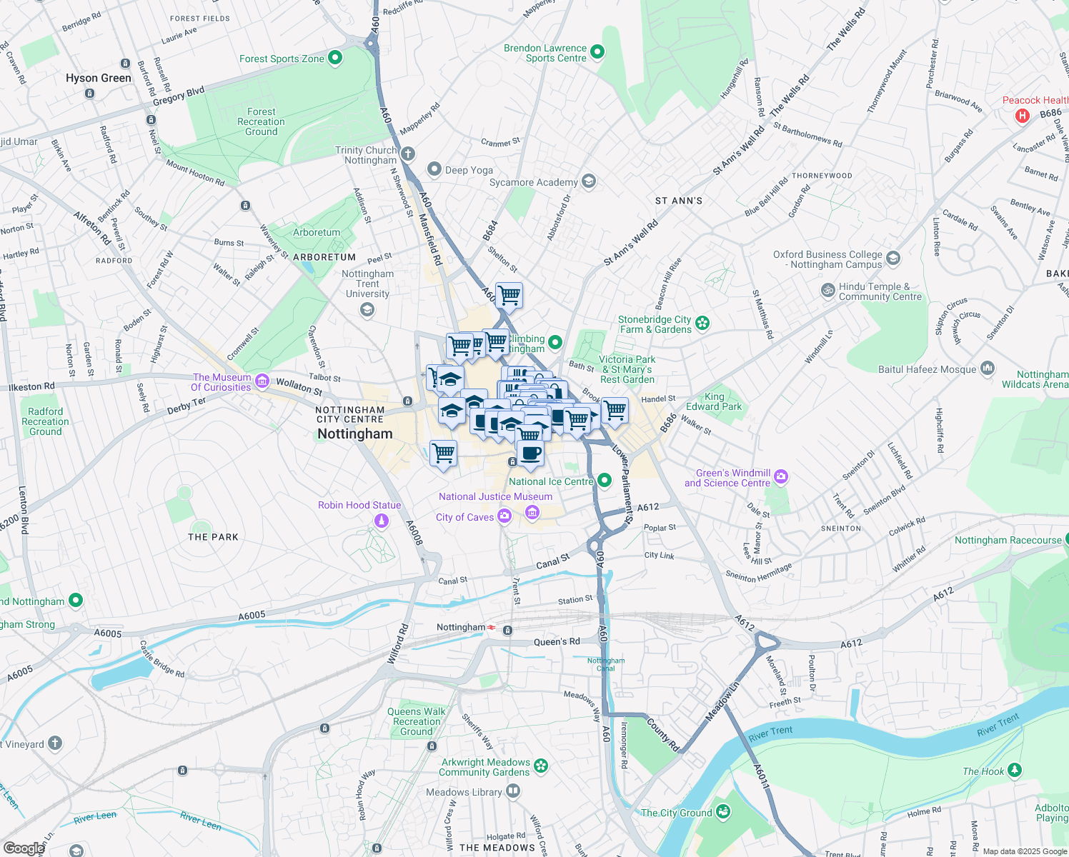 map of restaurants, bars, coffee shops, grocery stores, and more near in Nottingham