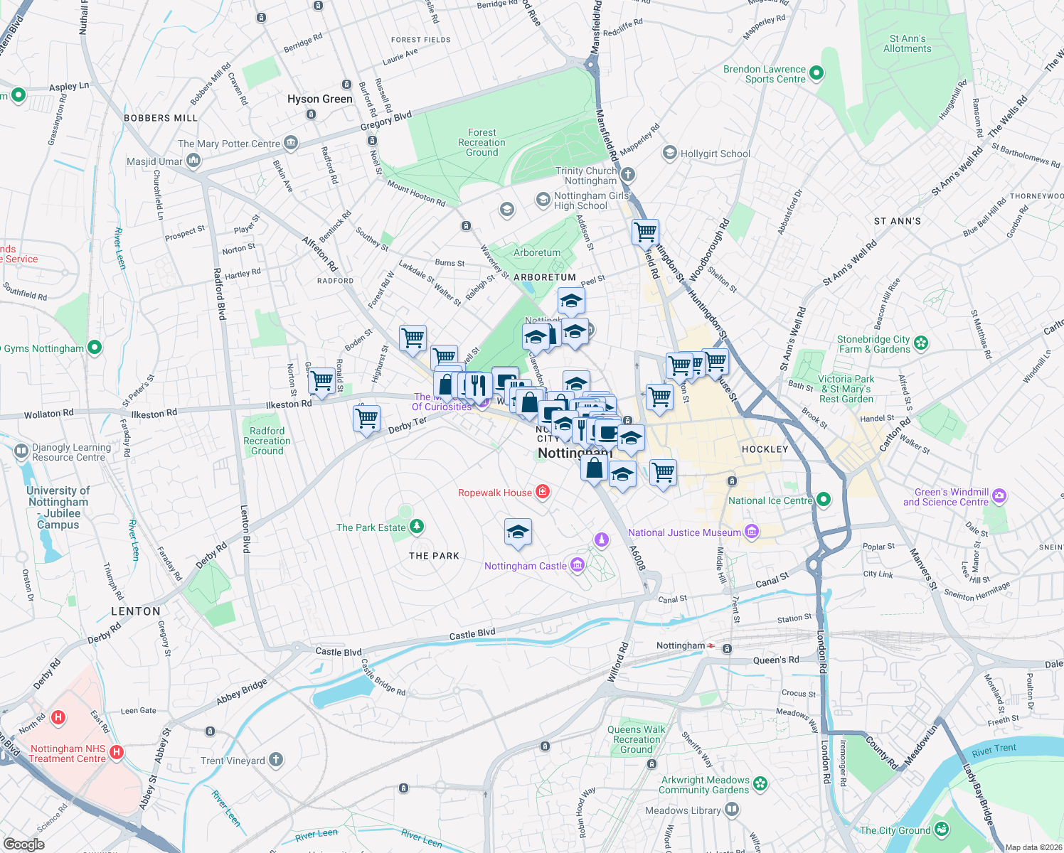 map of restaurants, bars, coffee shops, grocery stores, and more near in Nottingham