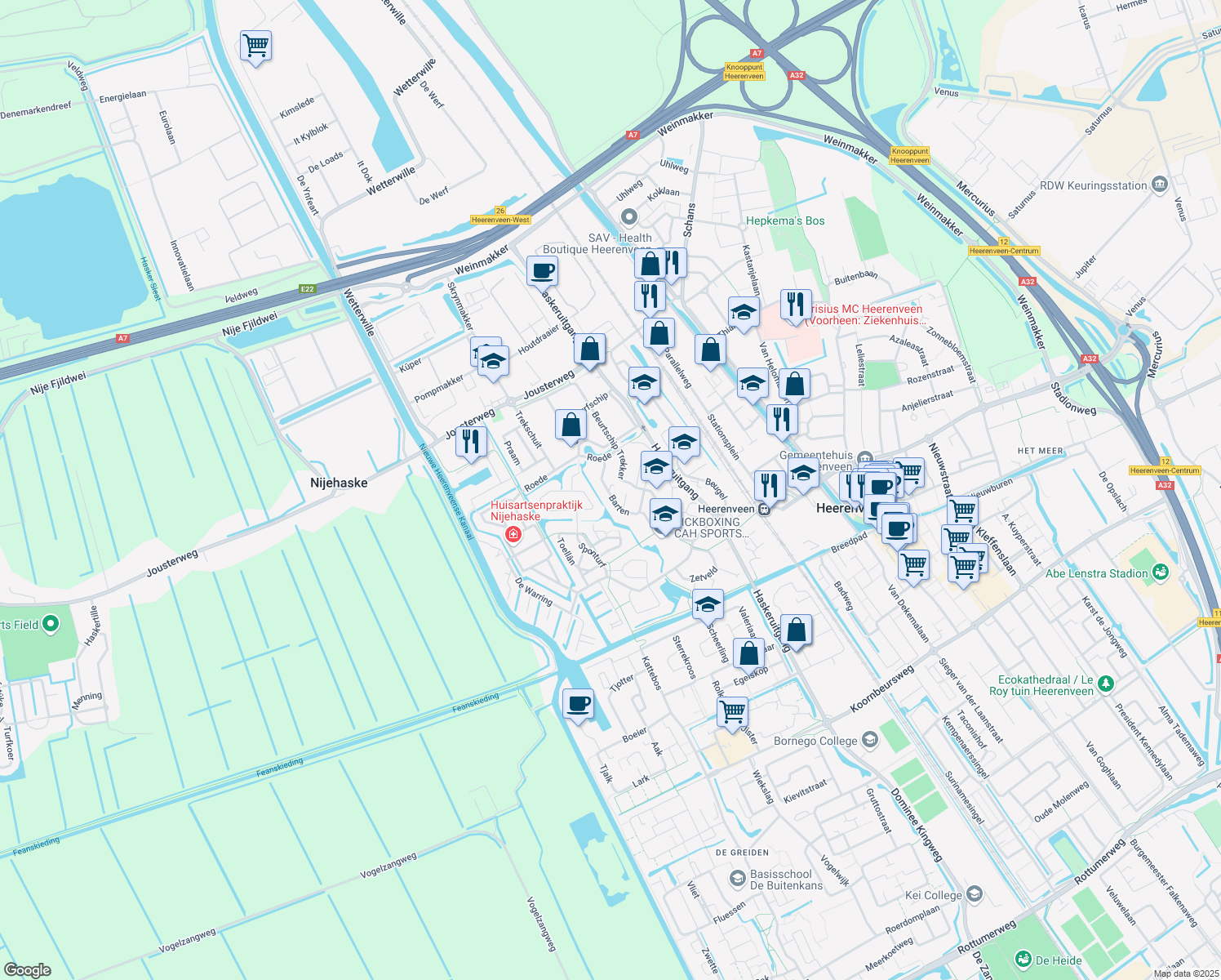 map of restaurants, bars, coffee shops, grocery stores, and more near in Heerenveen