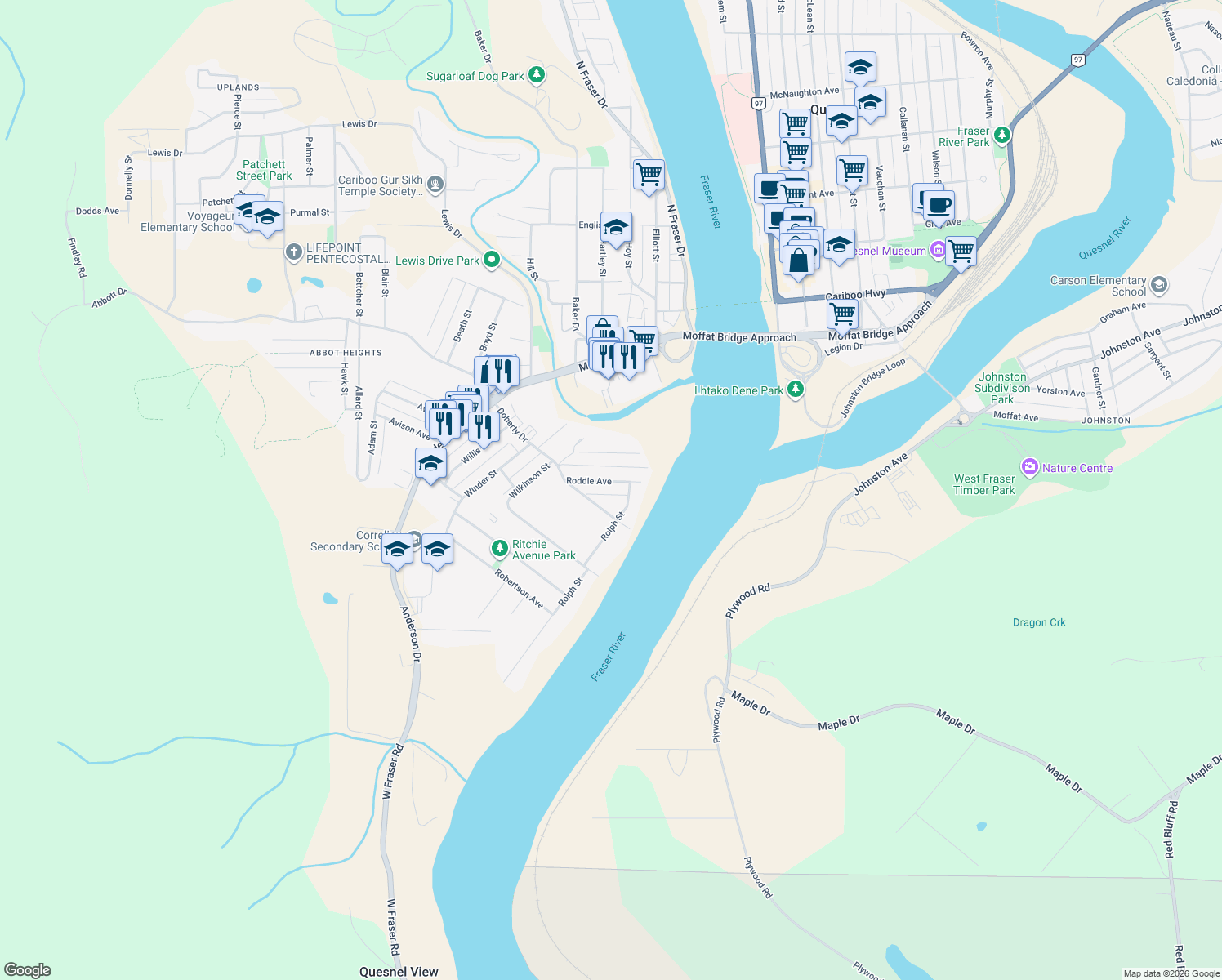 map of restaurants, bars, coffee shops, grocery stores, and more near 280 Roddie Avenue in Quesnel