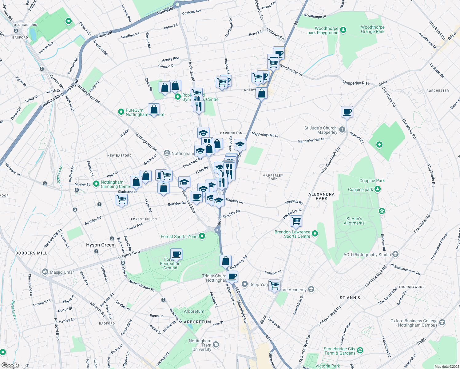 map of restaurants, bars, coffee shops, grocery stores, and more near 312 Mansfield Road in Nottingham