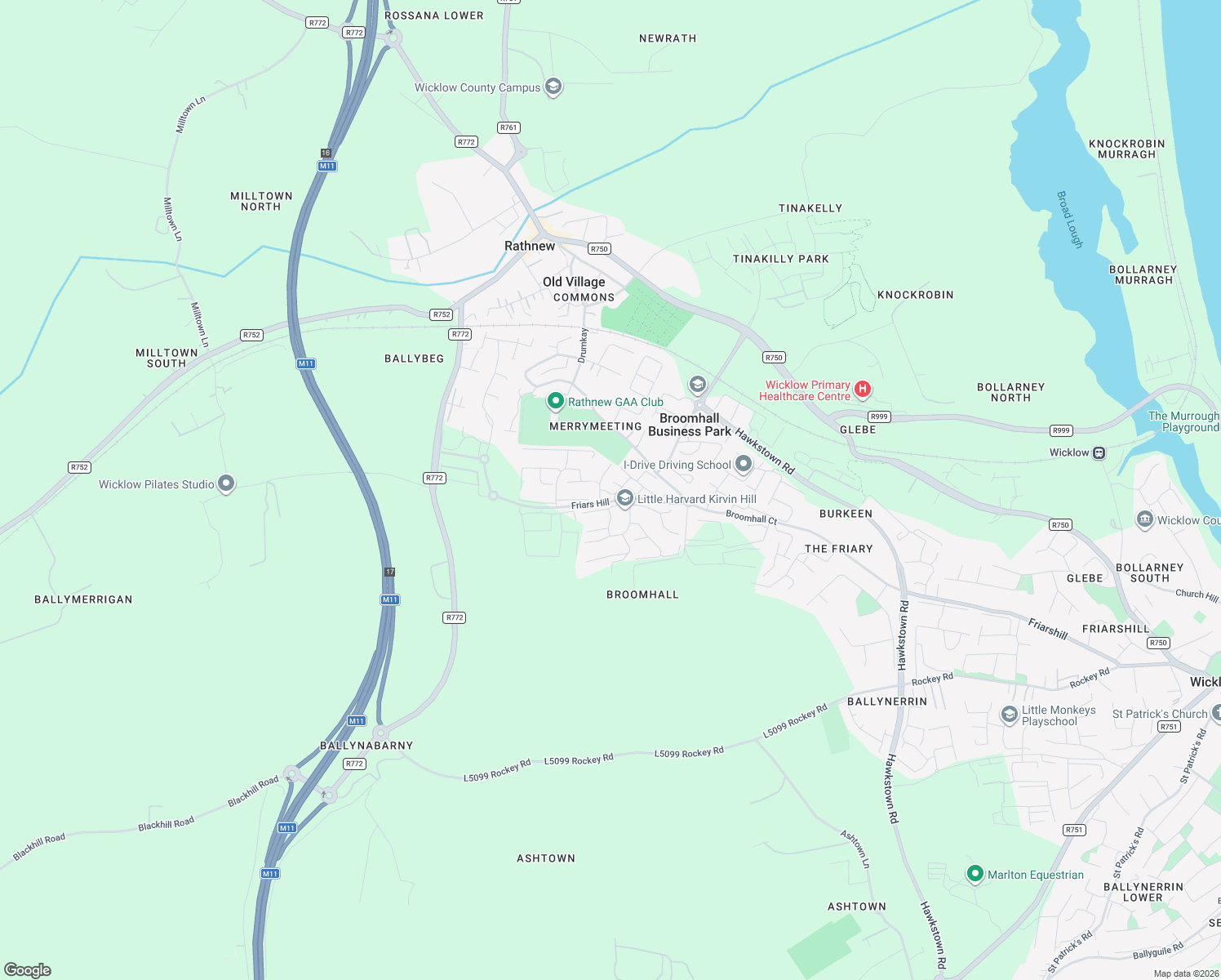 map of restaurants, bars, coffee shops, grocery stores, and more near Wilton Manor in Rathnew