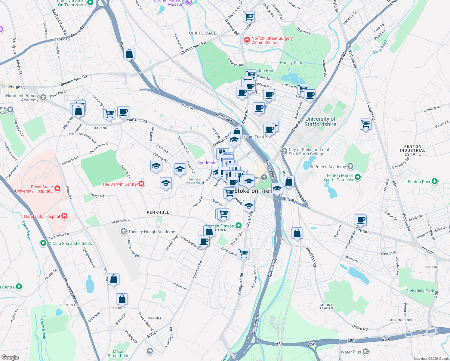 map of restaurants, bars, coffee shops, grocery stores, and more near Hill Street in Stoke-on-Trent