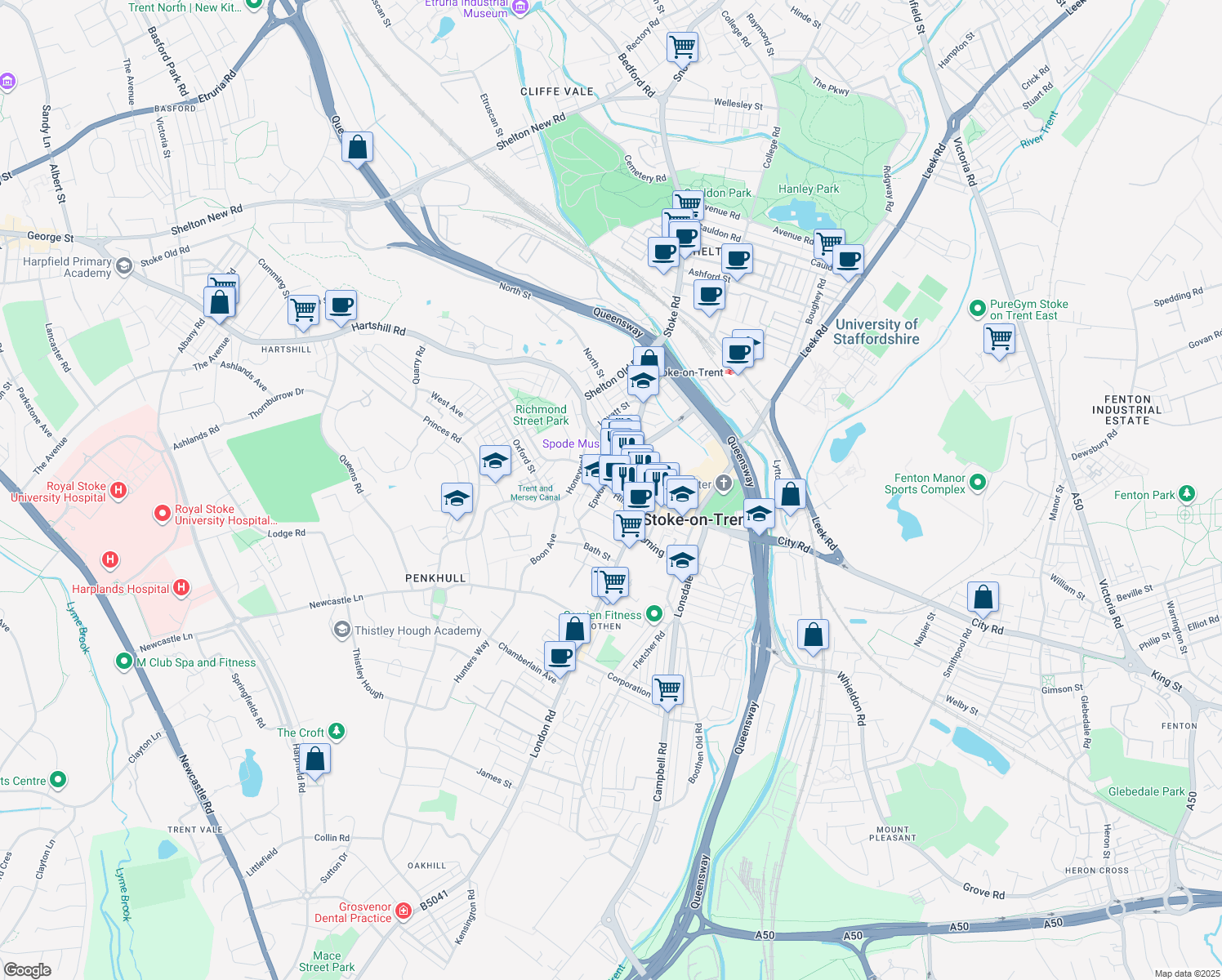 map of restaurants, bars, coffee shops, grocery stores, and more near 17 Hill Street in Stoke-on-Trent
