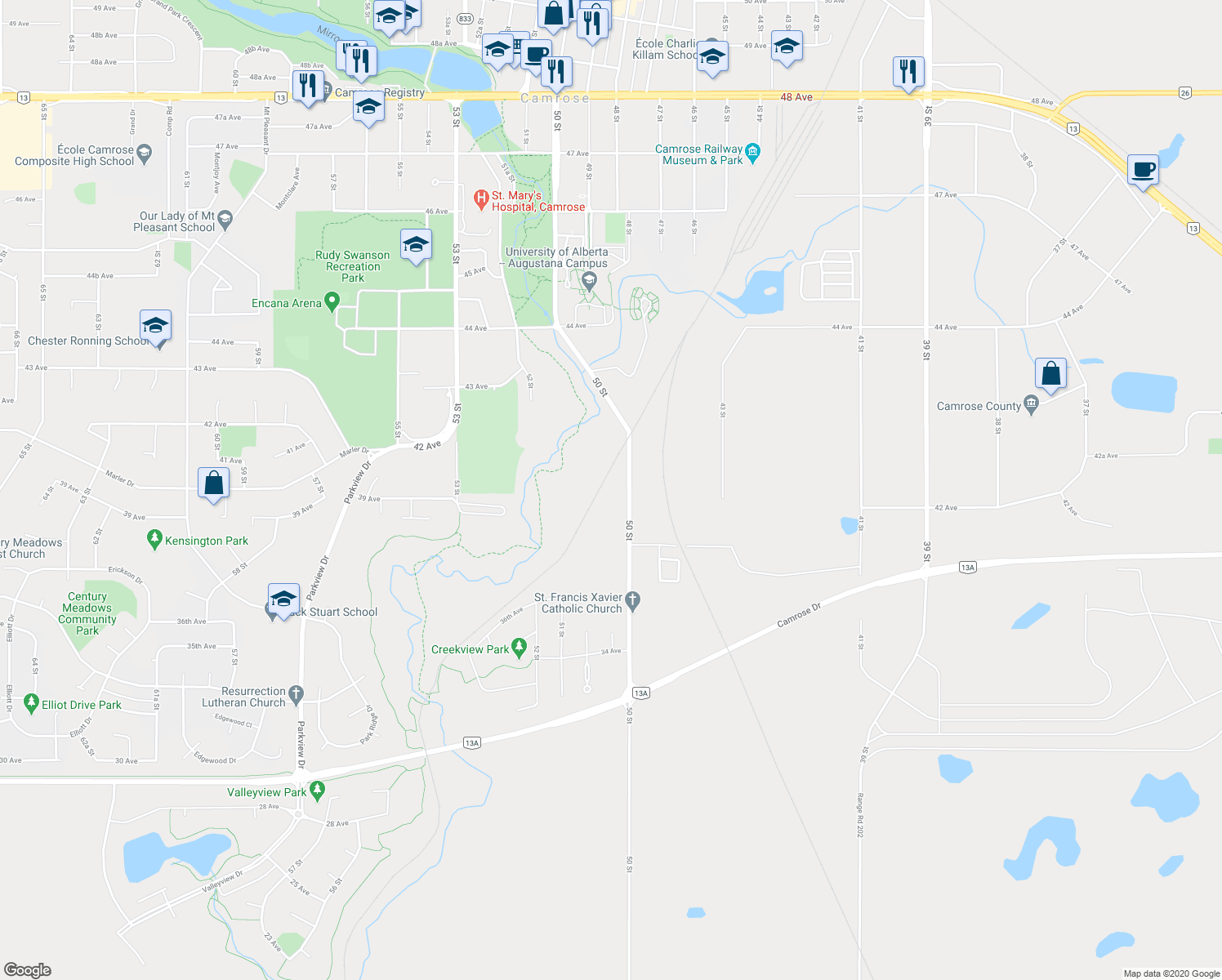 map of restaurants, bars, coffee shops, grocery stores, and more near 3906 50 Street in Camrose