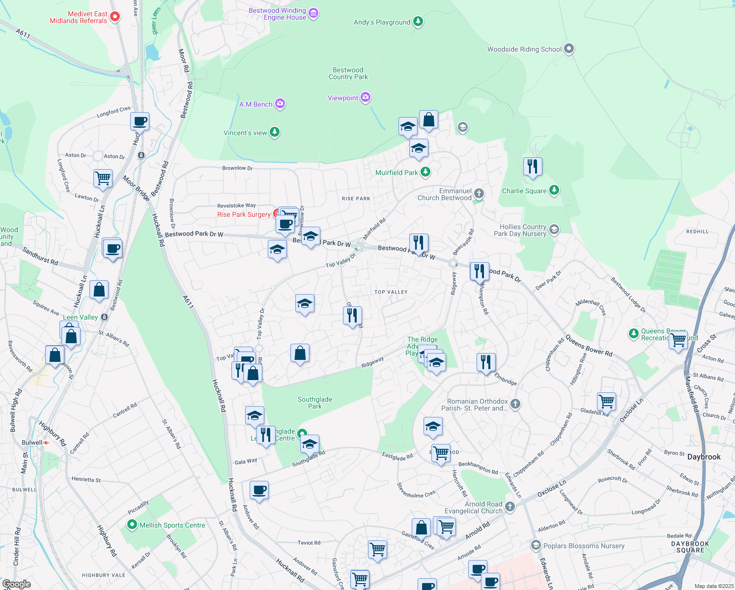 map of restaurants, bars, coffee shops, grocery stores, and more near Birkdale Way in Nottingham