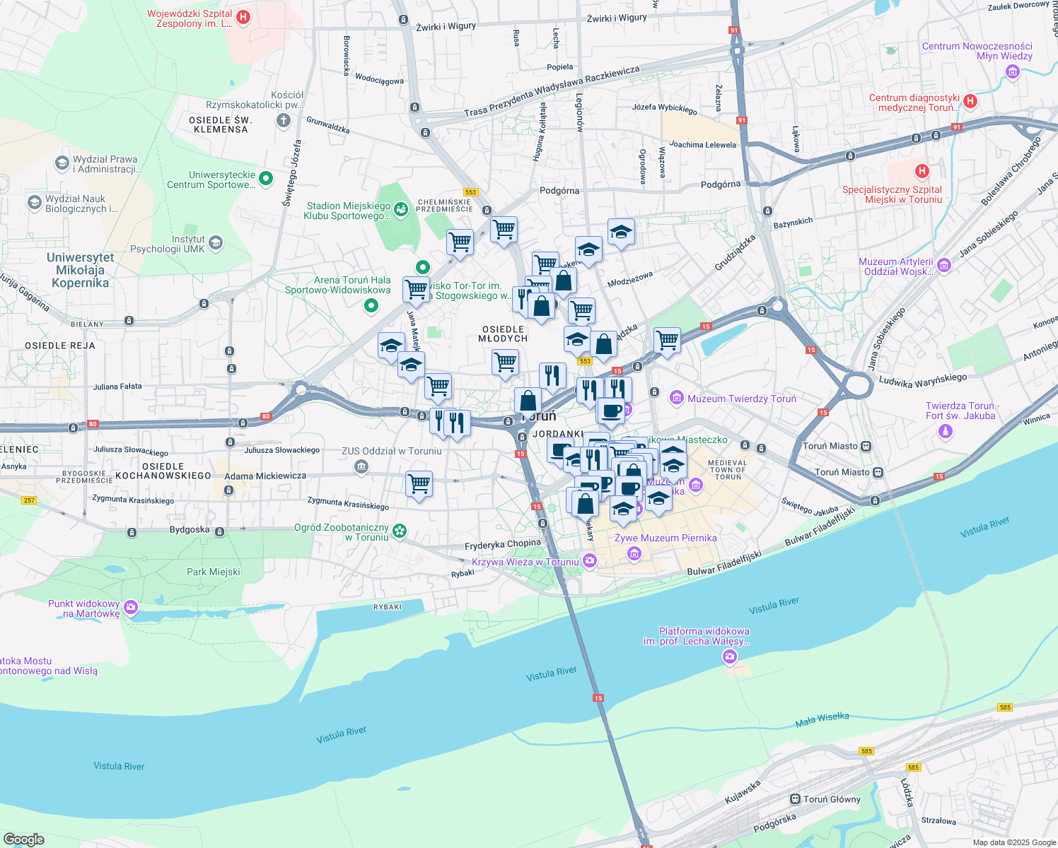 map of restaurants, bars, coffee shops, grocery stores, and more near in Toruń