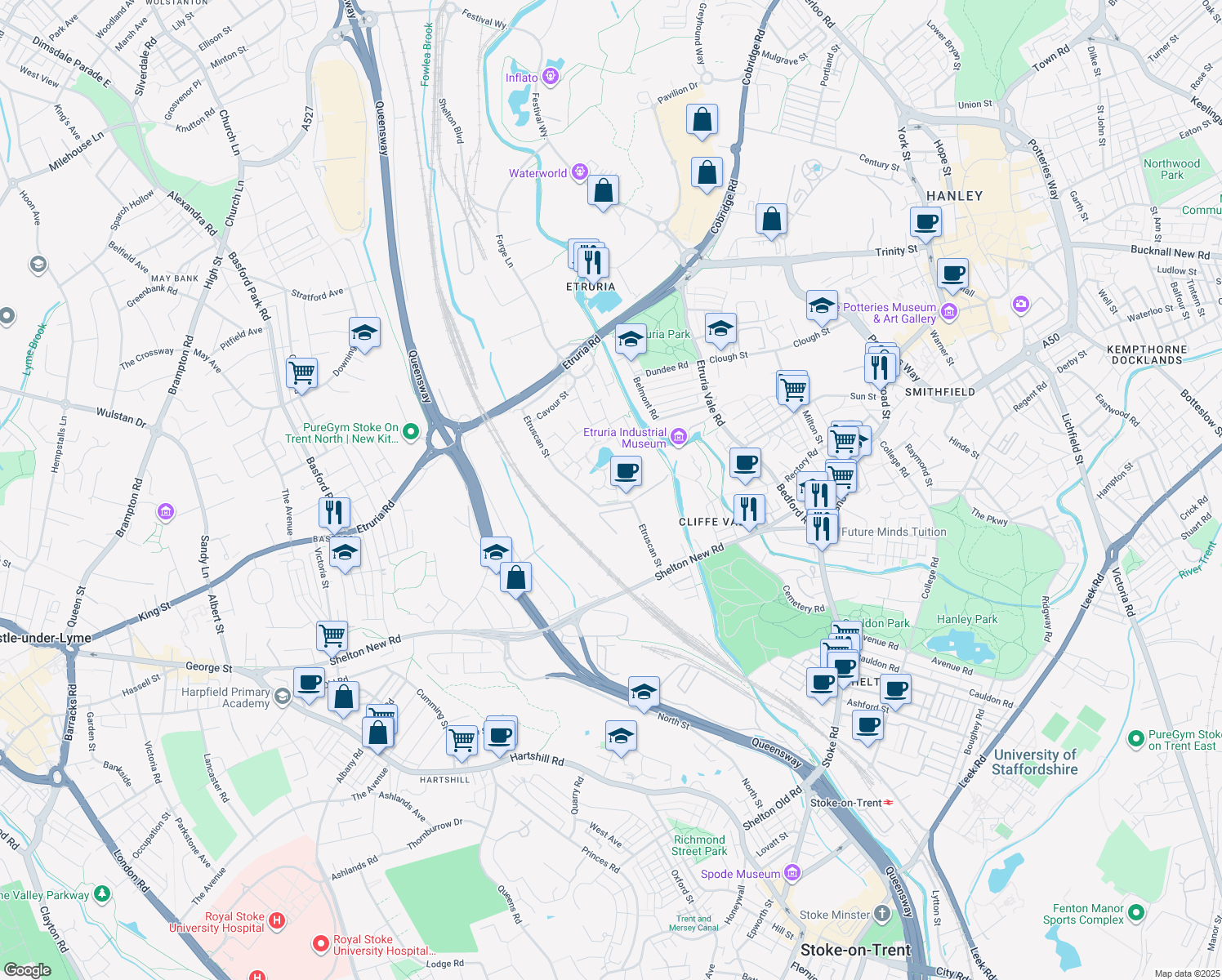 map of restaurants, bars, coffee shops, grocery stores, and more near Waterlily Close in Stoke-on-Trent