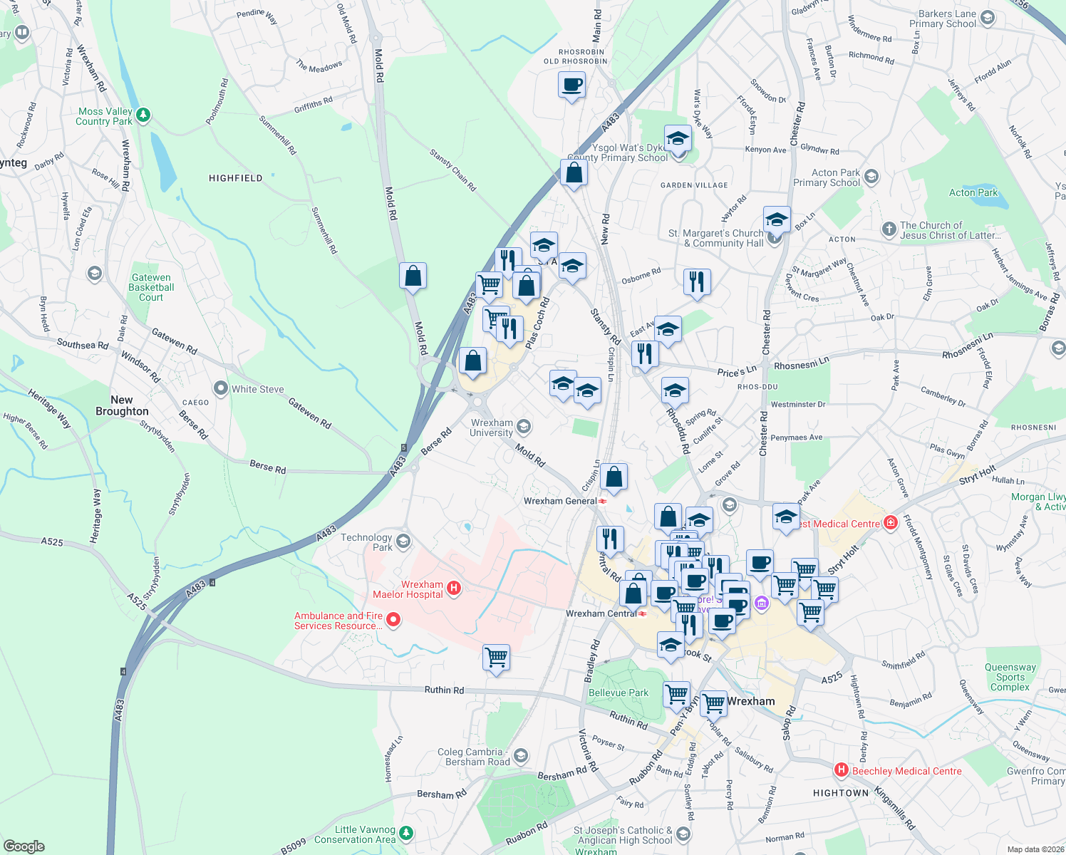 map of restaurants, bars, coffee shops, grocery stores, and more near Mold Road in Wrexham