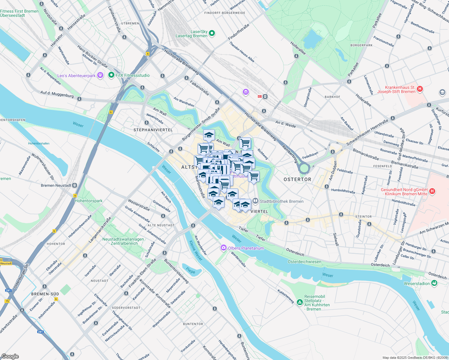 map of restaurants, bars, coffee shops, grocery stores, and more near 21 Am Markt in Bremen