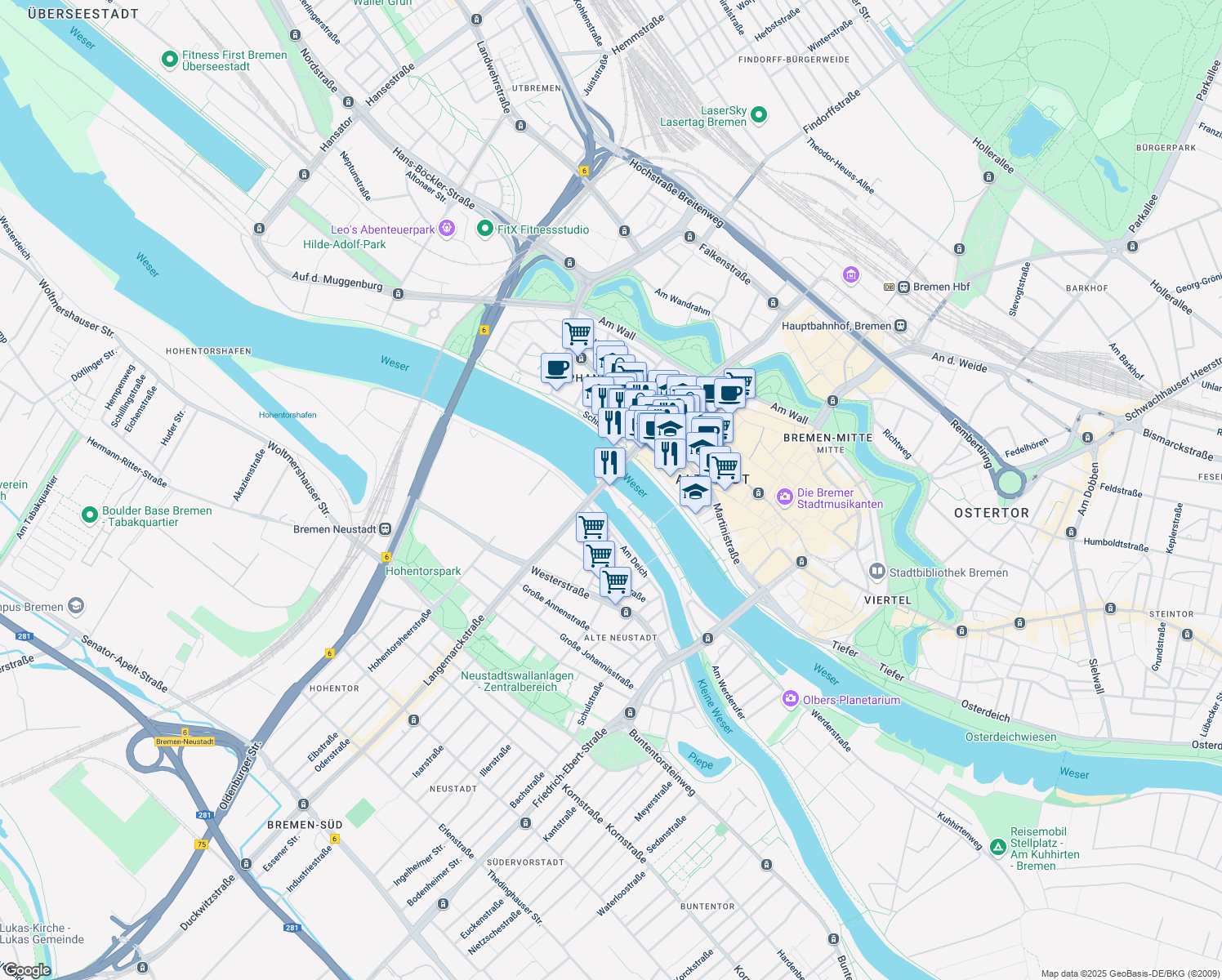 map of restaurants, bars, coffee shops, grocery stores, and more near 21 Teerhof in Bremen