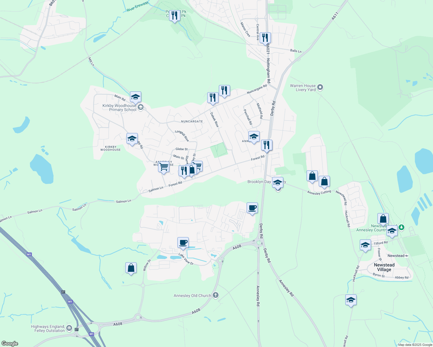 map of restaurants, bars, coffee shops, grocery stores, and more near 49 Forest Road in Kirkby in Ashfield