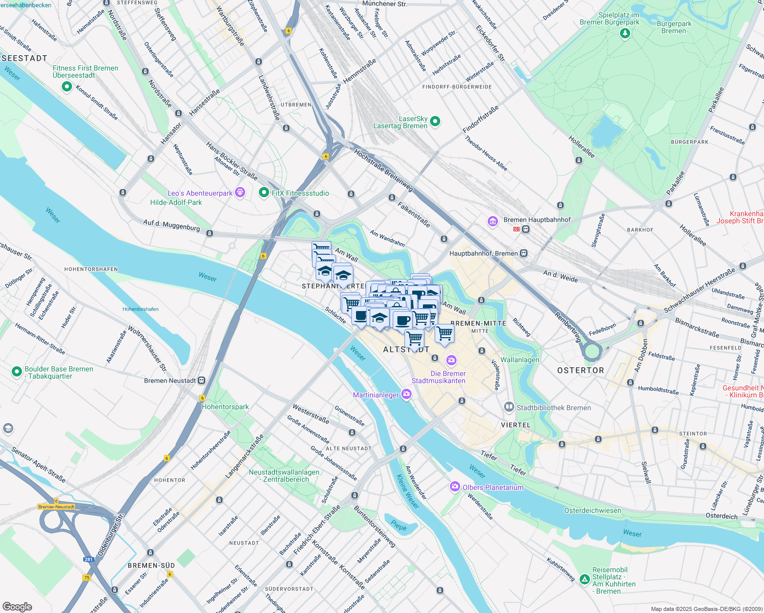 map of restaurants, bars, coffee shops, grocery stores, and more near in Bremen