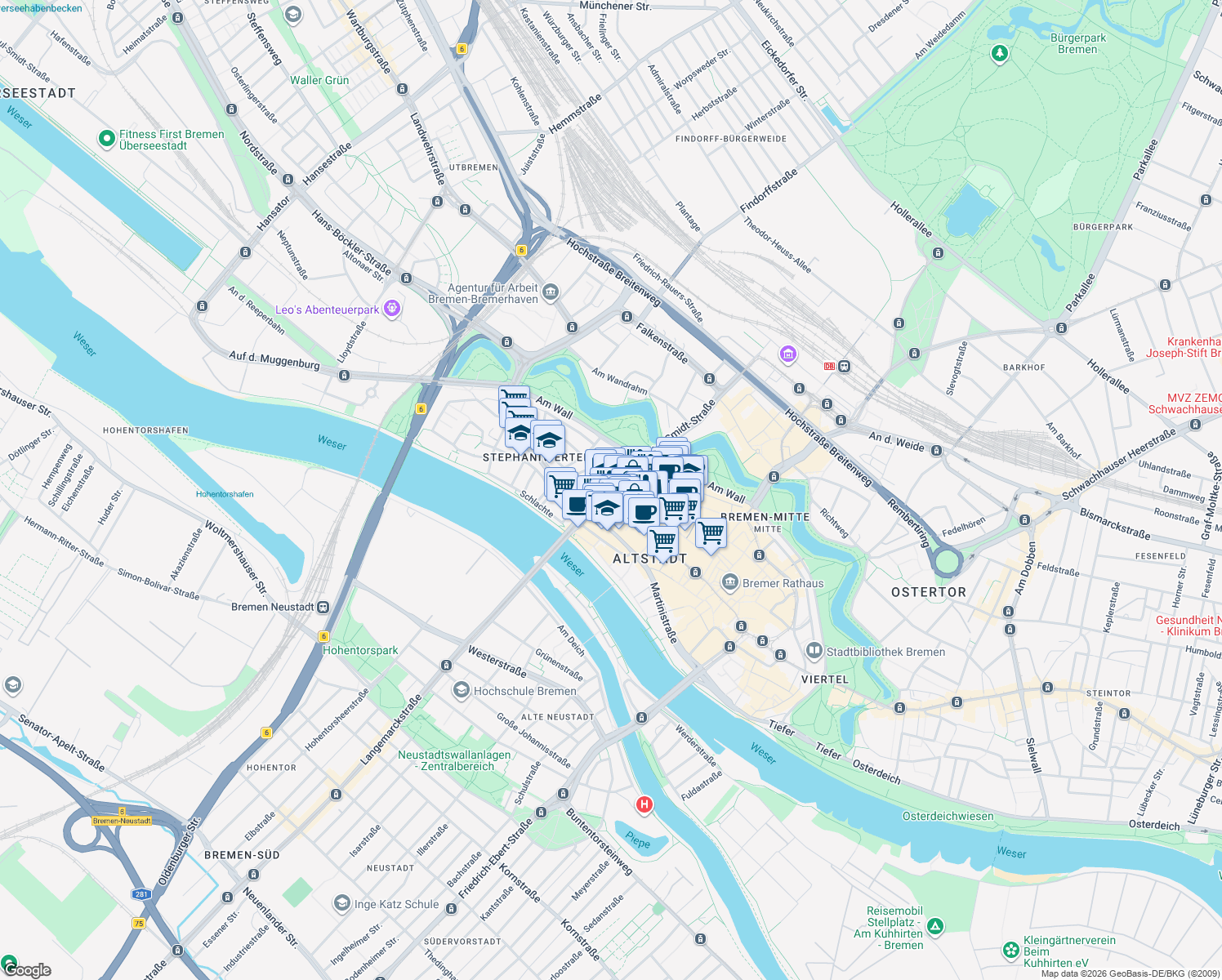 map of restaurants, bars, coffee shops, grocery stores, and more near in Bremen
