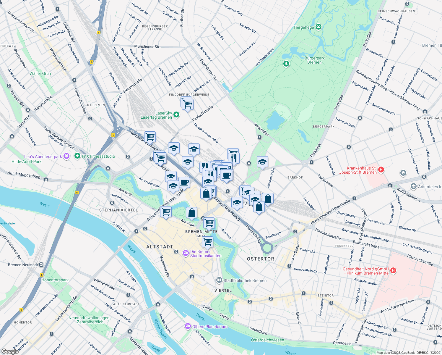 map of restaurants, bars, coffee shops, grocery stores, and more near 15 Bahnhofsplatz in Bremen