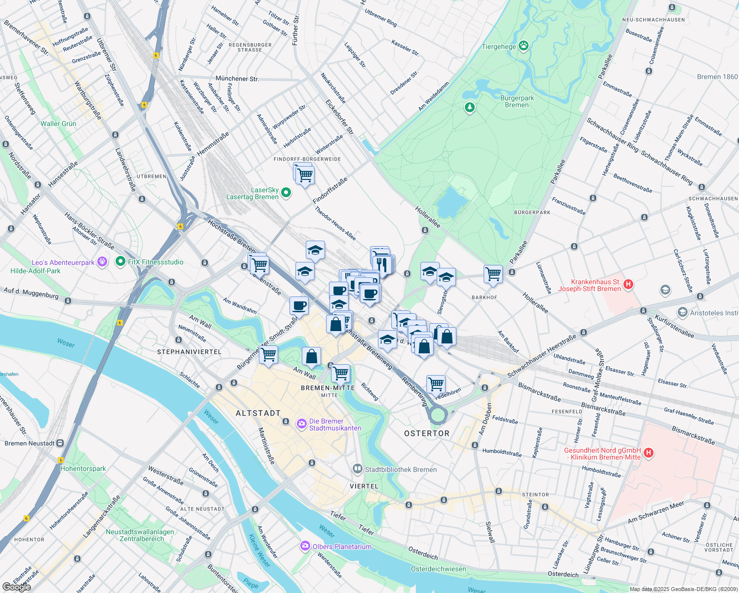 map of restaurants, bars, coffee shops, grocery stores, and more near 15 Bahnhofsplatz in Bremen