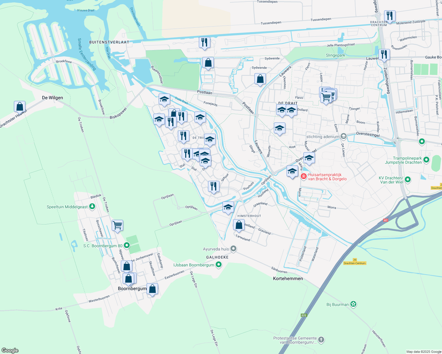 map of restaurants, bars, coffee shops, grocery stores, and more near in Drachten