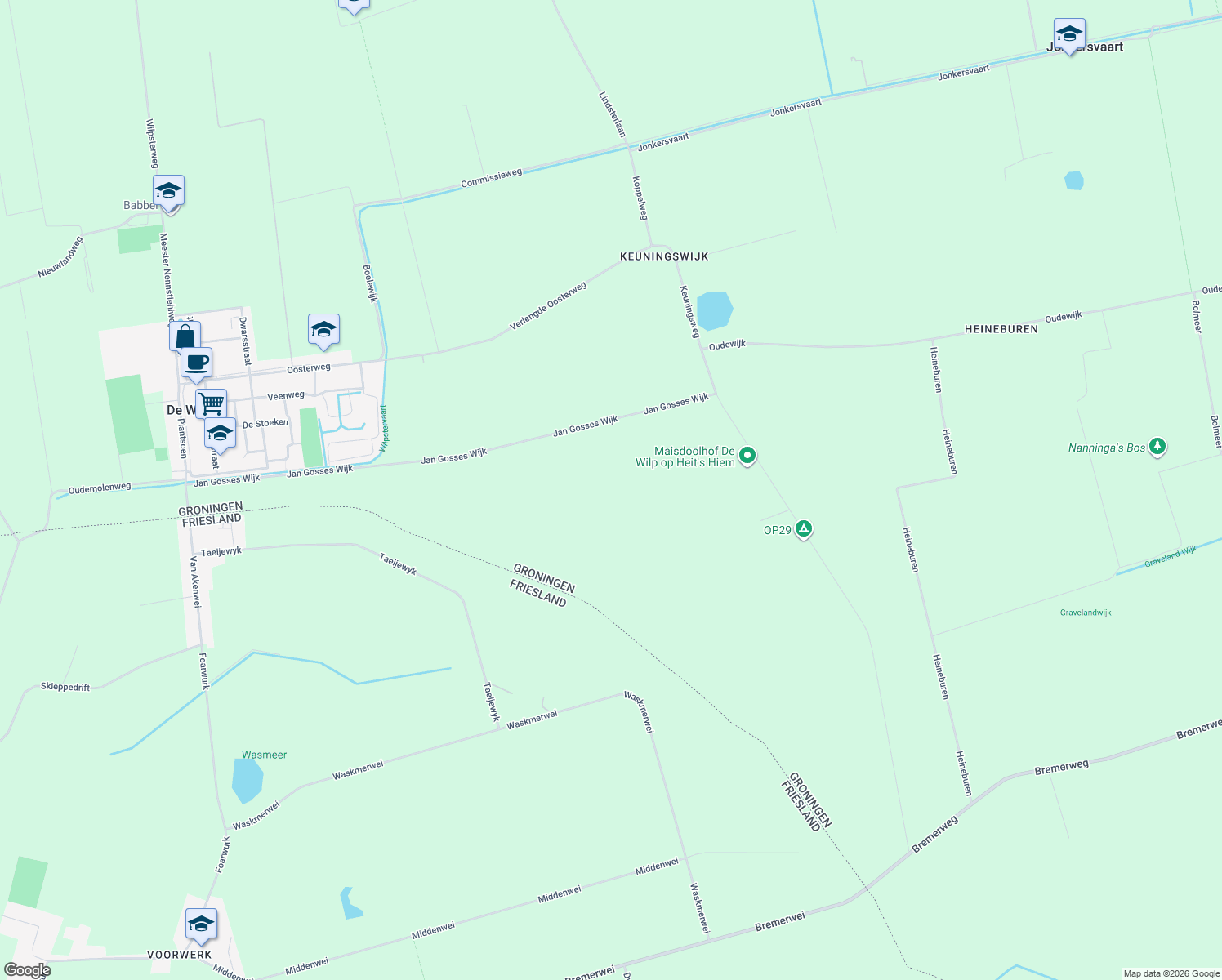 map of restaurants, bars, coffee shops, grocery stores, and more near in De Wilp