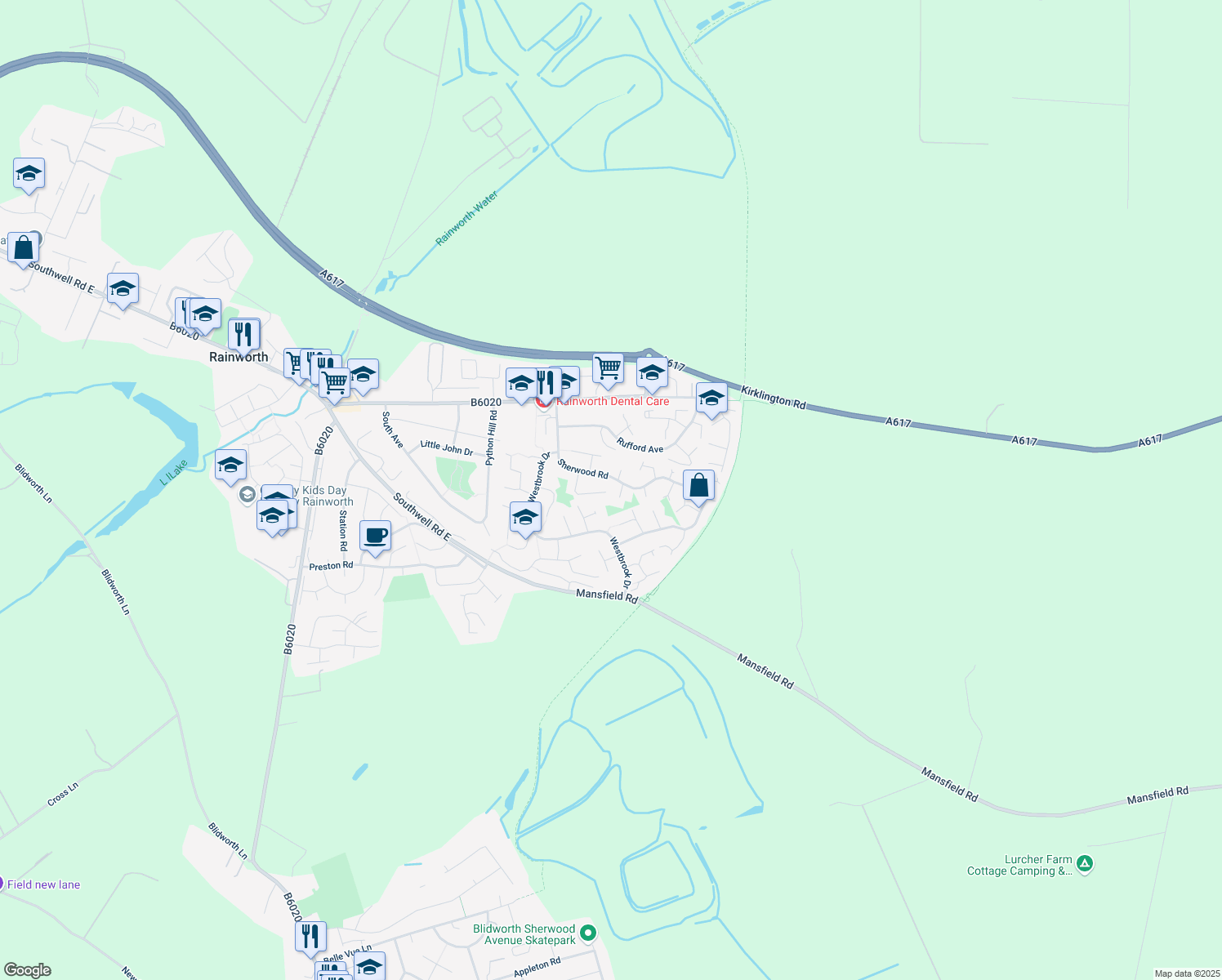 map of restaurants, bars, coffee shops, grocery stores, and more near 19 Beverley Close in Rainworth