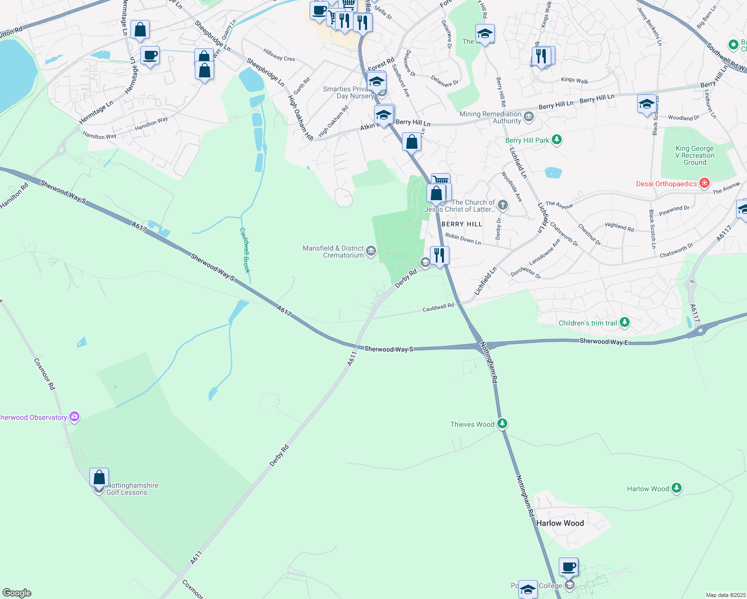 map of restaurants, bars, coffee shops, grocery stores, and more near Derby Road in Nottinghamshire