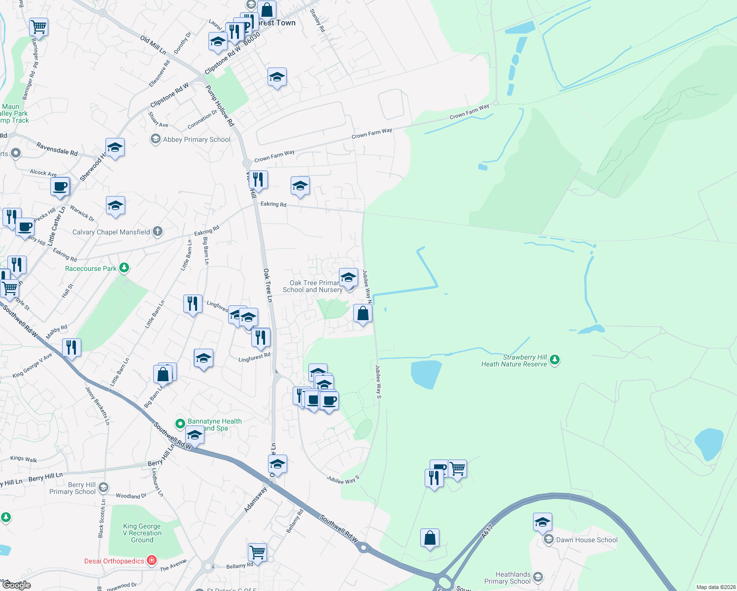 map of restaurants, bars, coffee shops, grocery stores, and more near Jubilee Way North in Nottinghamshire