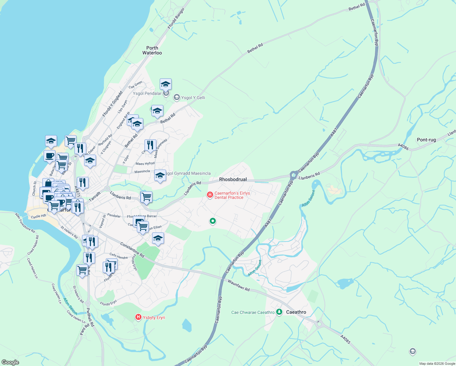 map of restaurants, bars, coffee shops, grocery stores, and more near Rhosbodrual Terrace in Rhosbodrual