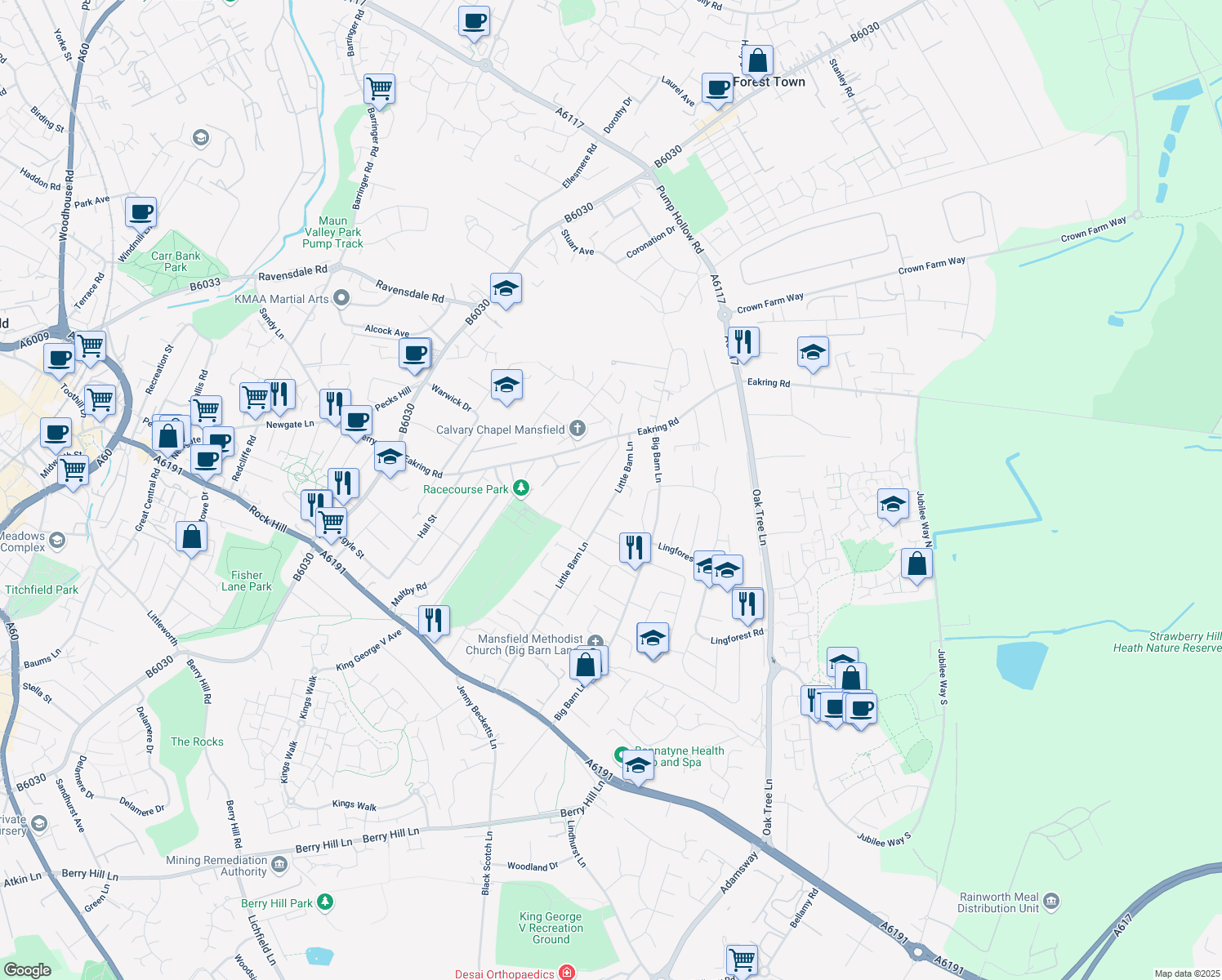map of restaurants, bars, coffee shops, grocery stores, and more near 34 Little Barn Lane in Nottinghamshire