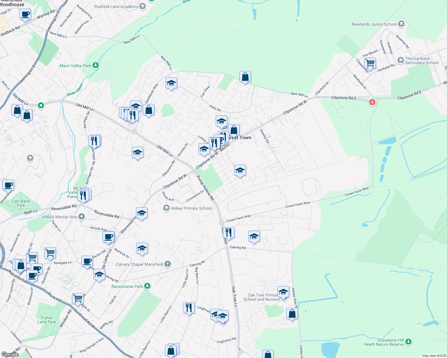map of restaurants, bars, coffee shops, grocery stores, and more near 6 Sixth Avenue in Forest Town
