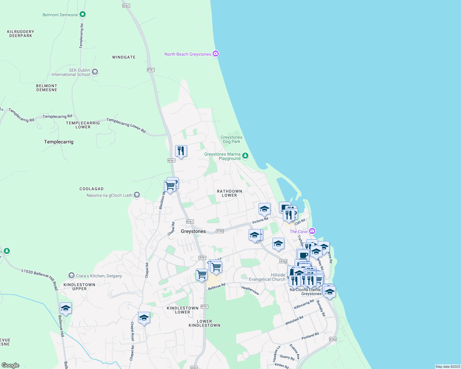 map of restaurants, bars, coffee shops, grocery stores, and more near New Road in Greystones