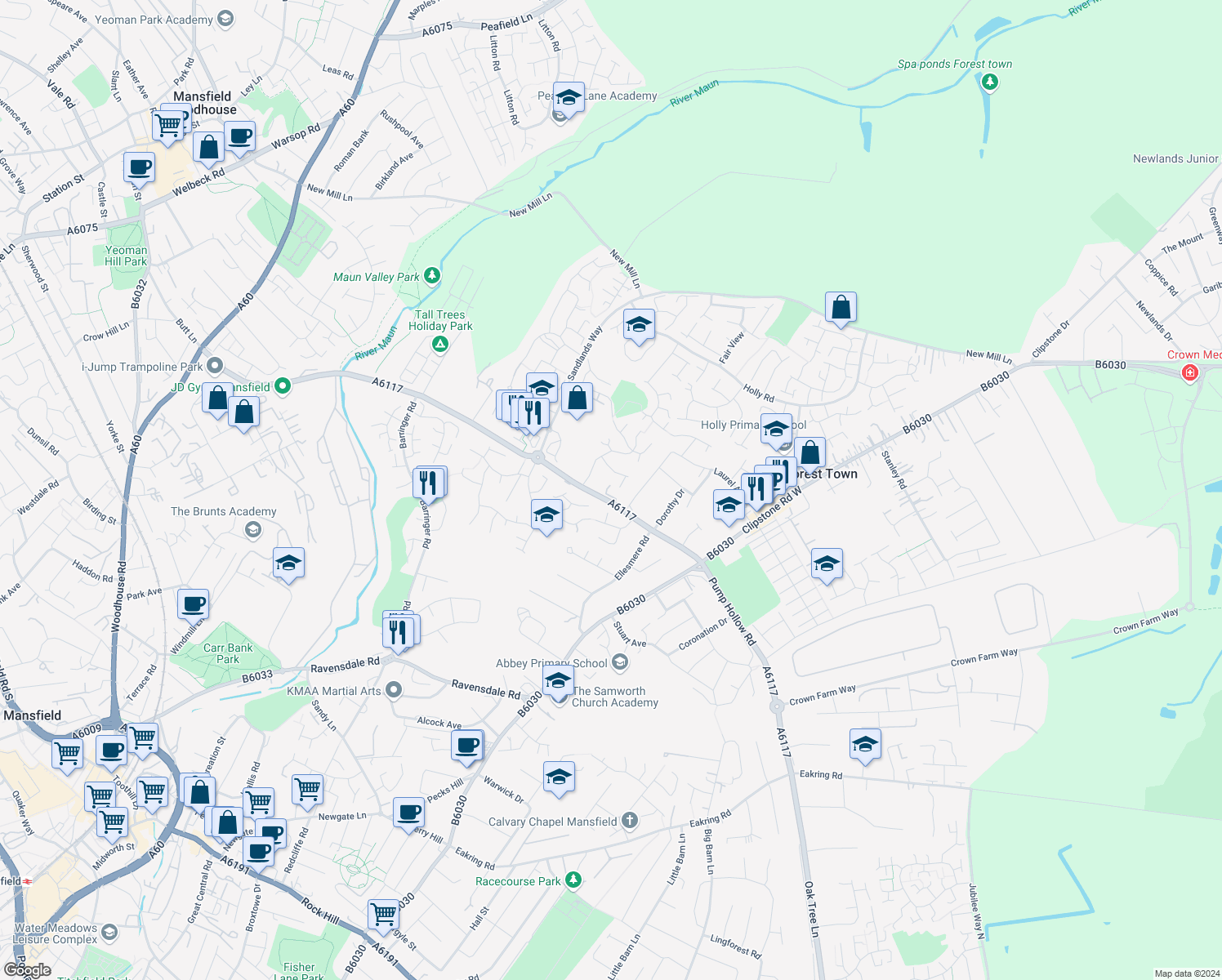 map of restaurants, bars, coffee shops, grocery stores, and more near 6 The Gables in Forest Town