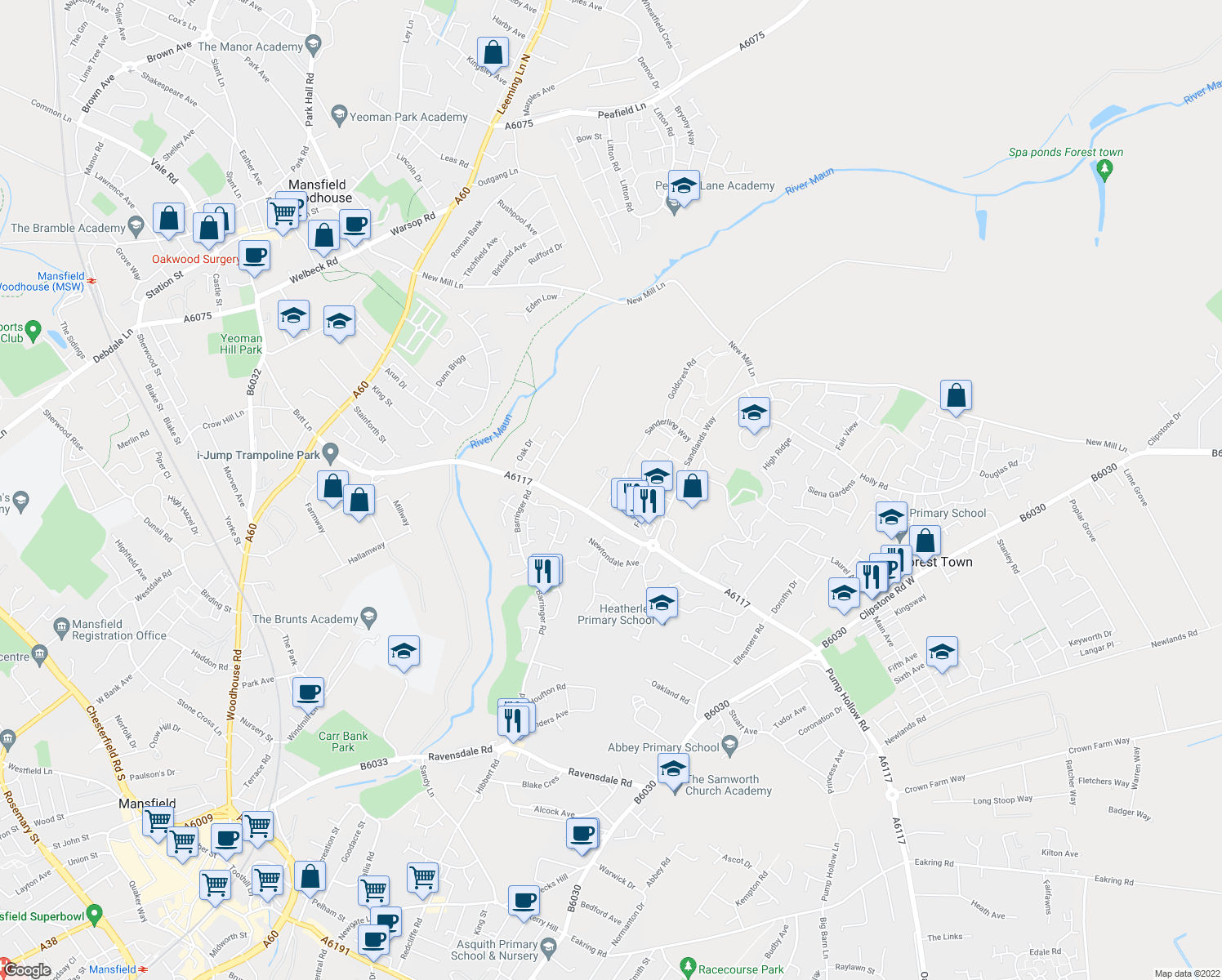 map of restaurants, bars, coffee shops, grocery stores, and more near 59 Sanderling Way in Forest Town