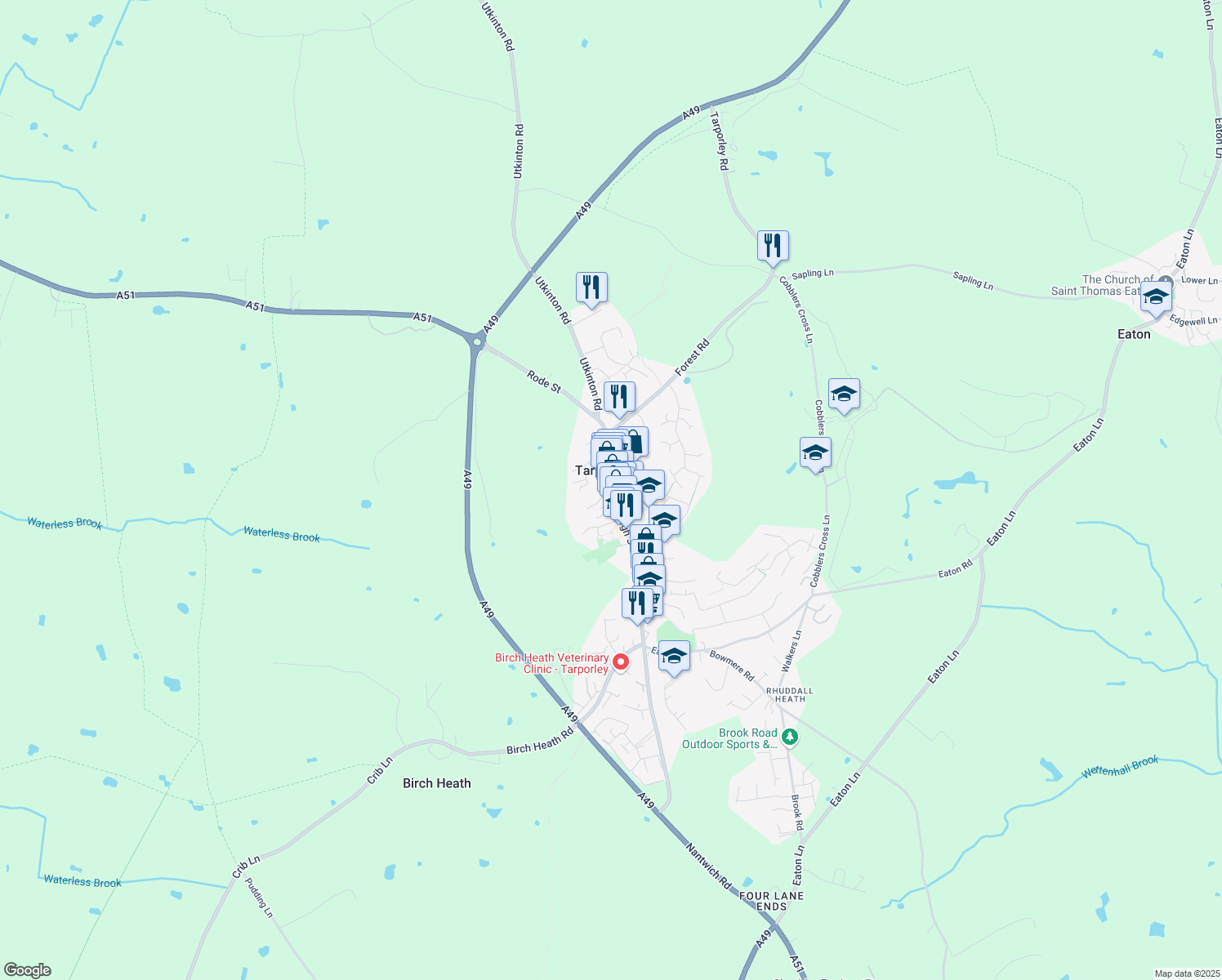 map of restaurants, bars, coffee shops, grocery stores, and more near 38 High Street in Cheshire West and Chester