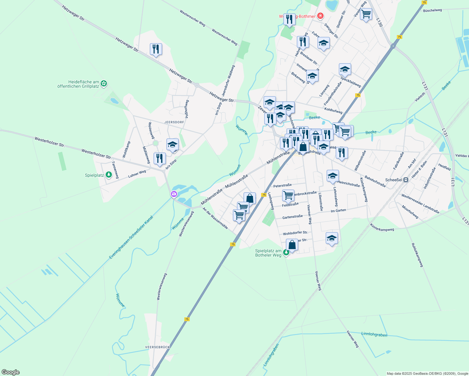 map of restaurants, bars, coffee shops, grocery stores, and more near in Scheeßel