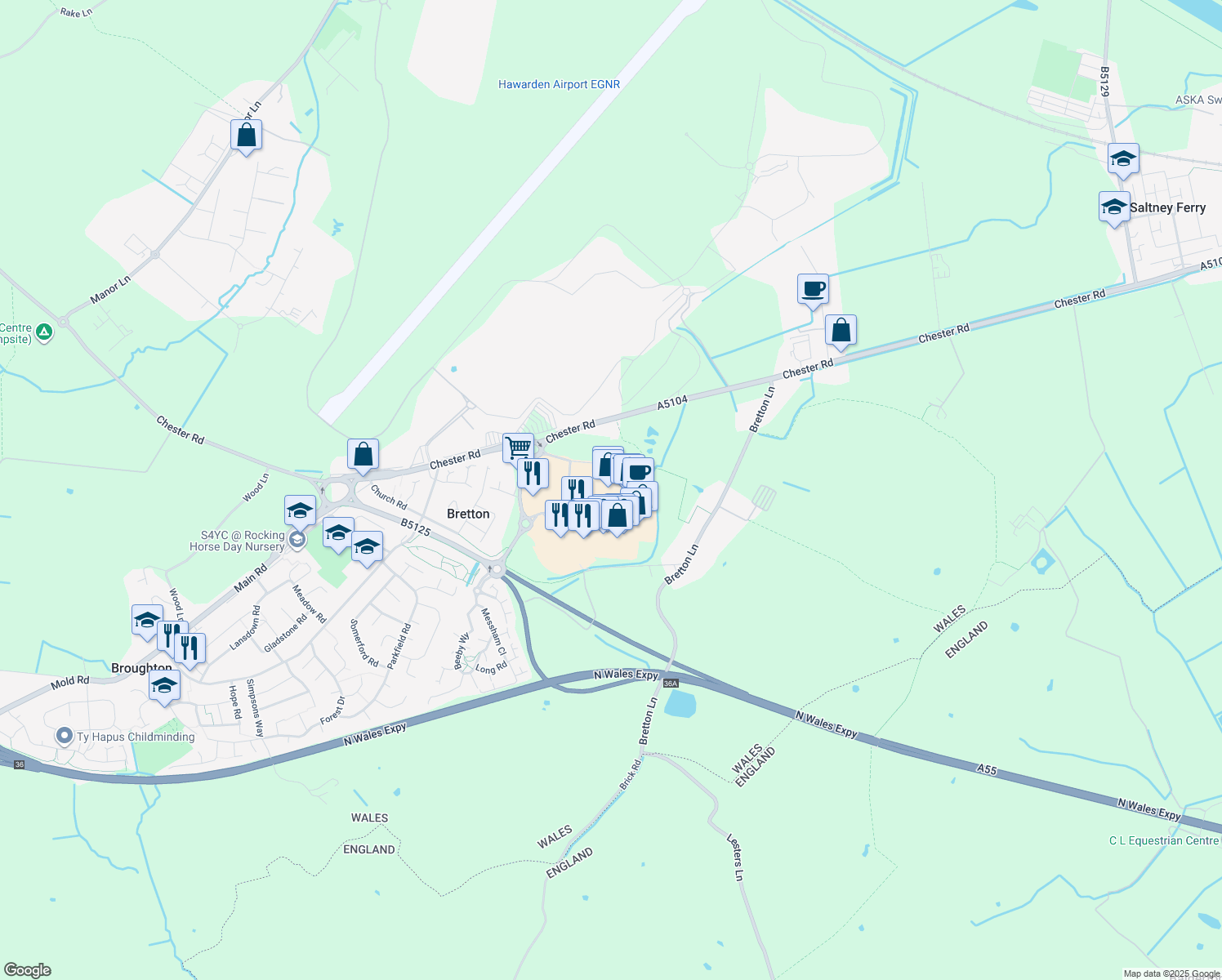 map of restaurants, bars, coffee shops, grocery stores, and more near Chester Road in Broughton