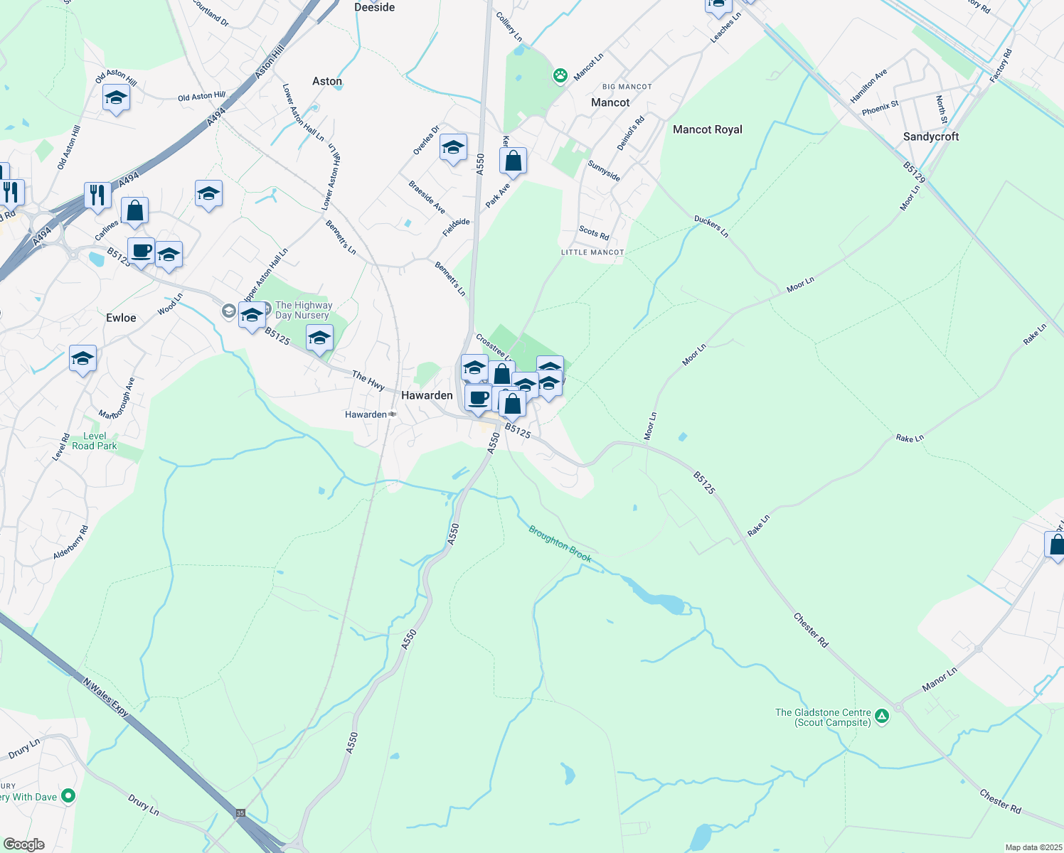 map of restaurants, bars, coffee shops, grocery stores, and more near Gladstone Court in Hawarden